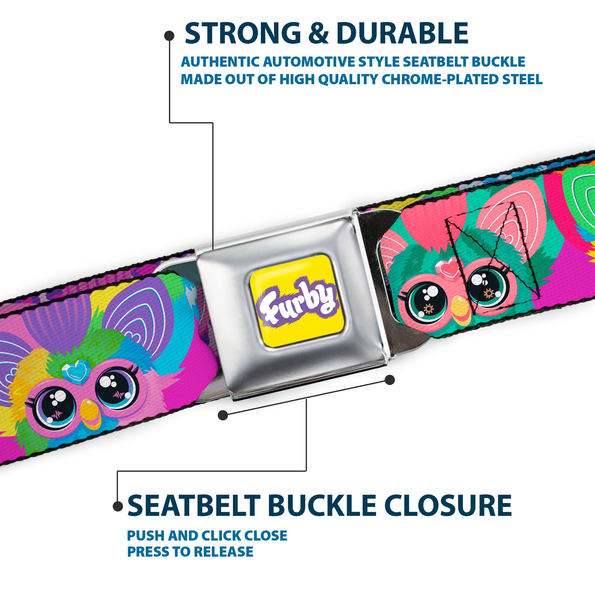 FURBY Title Logo Full Color Yellow/Lavender/White Seatbelt Belt - Furby Furblets Faces Close-Up Pink/Multi Color Webbing Seatbelt Belts Furby