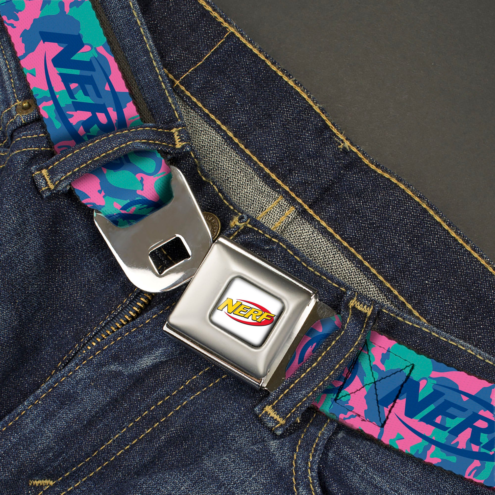 NERF Logo Full Color White/Red/Yellow Seatbelt Belt - NERF Logo and Icon Camo Blues/Pinks Webbing Seatbelt Belts Nerf