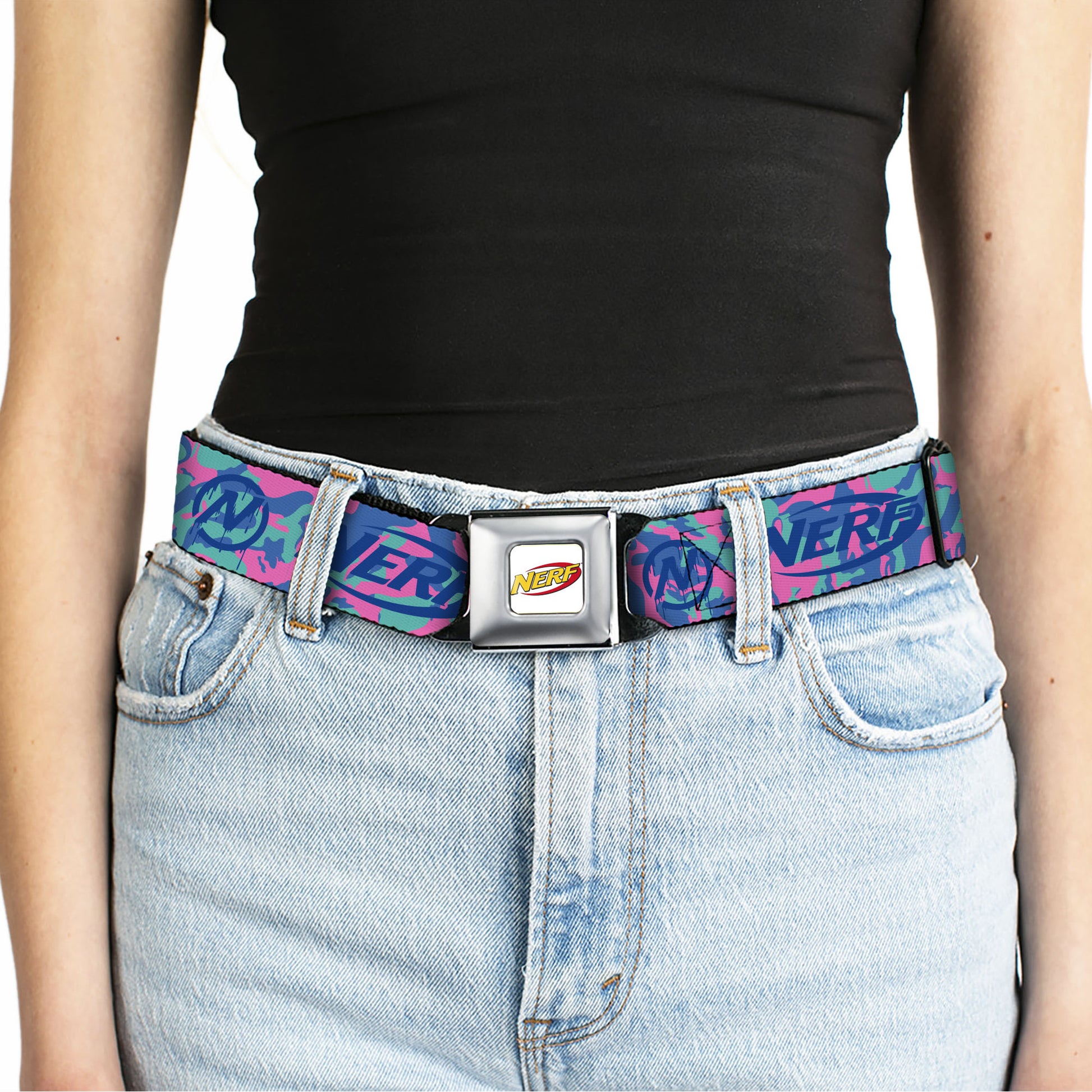 NERF Logo Full Color White/Red/Yellow Seatbelt Belt - NERF Logo and Icon Camo Blues/Pinks Webbing Seatbelt Belts Nerf