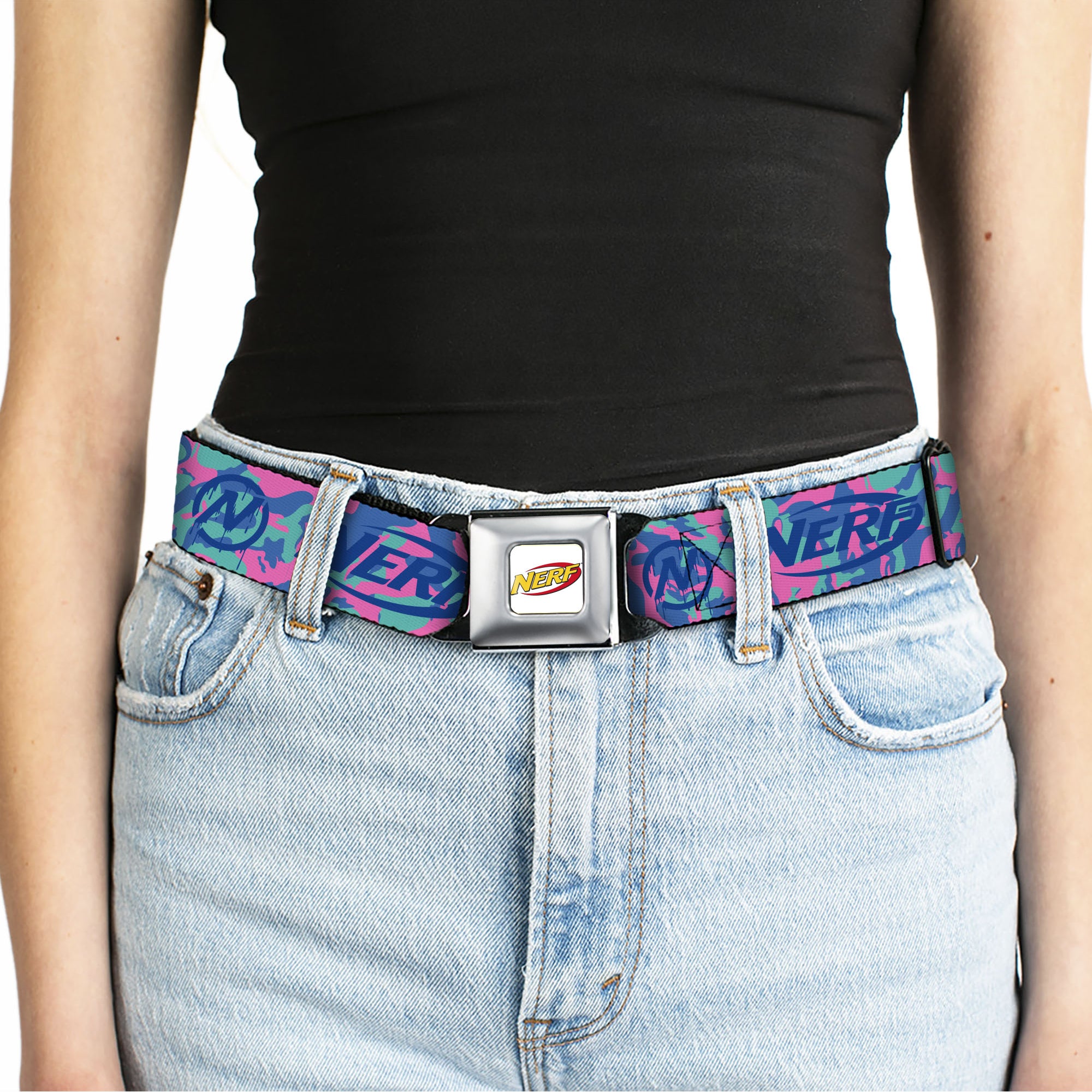 NERF Logo Full Color White/Red/Yellow Seatbelt Belt - NERF Logo and Icon Camo Blues/Pinks Webbing Seatbelt Belts Nerf