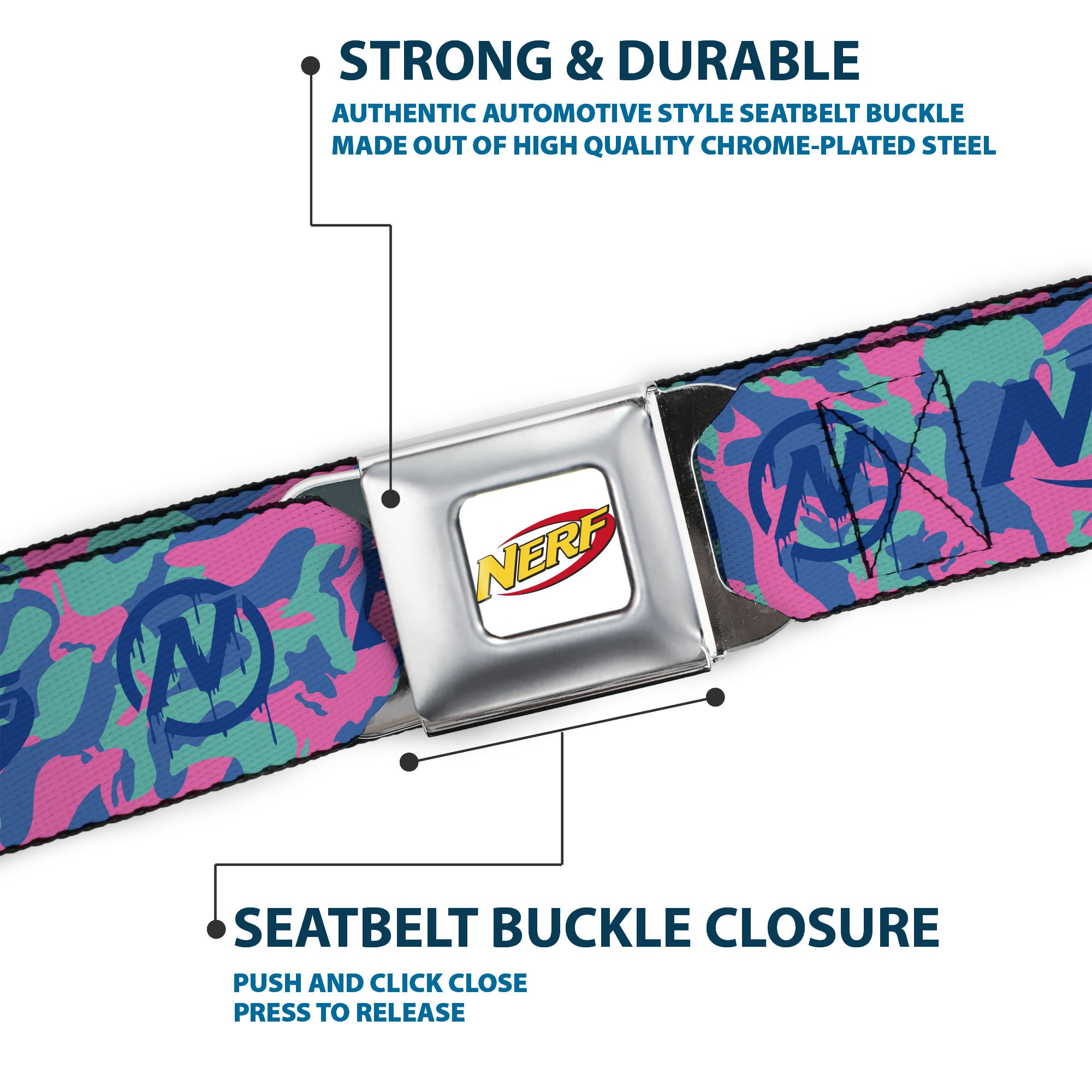 NERF Logo Full Color White/Red/Yellow Seatbelt Belt - NERF Logo and Icon Camo Blues/Pinks Webbing Seatbelt Belts Nerf
