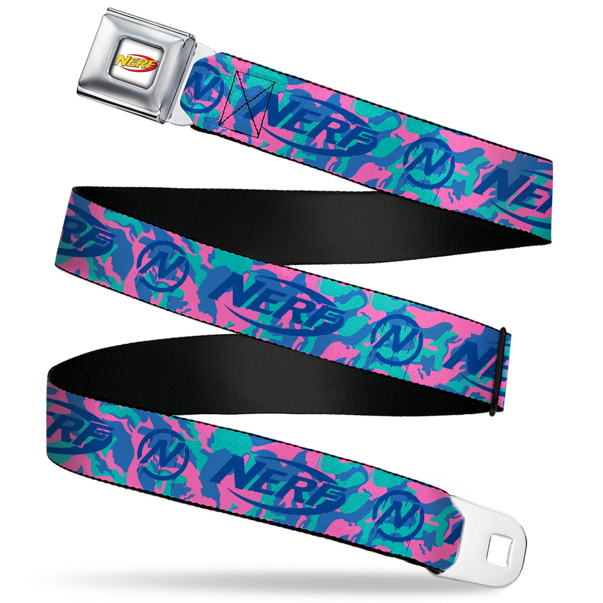 NERF Logo Full Color White/Red/Yellow Seatbelt Belt - NERF Logo and Icon Camo Blues/Pinks Webbing Seatbelt Belts Nerf