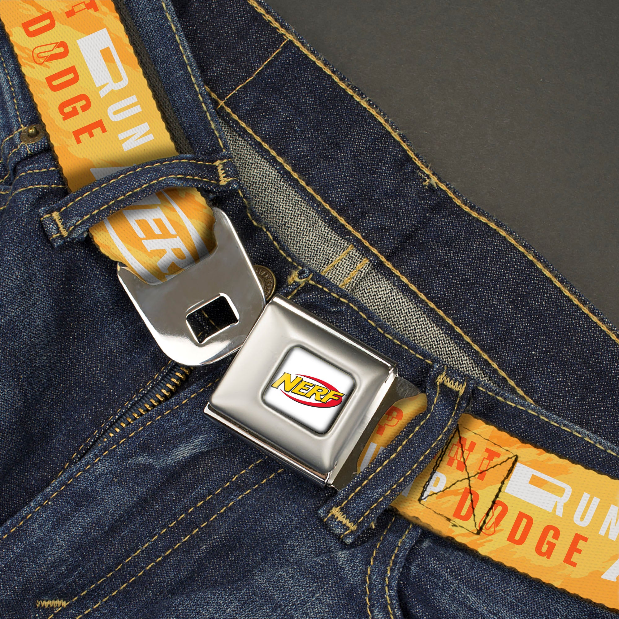 NERF Logo Full Color White/Red/Yellow Seatbelt Belt - NERF Action Verbiage Collage Yellows/Orange/White Webbing Seatbelt Belts Nerf