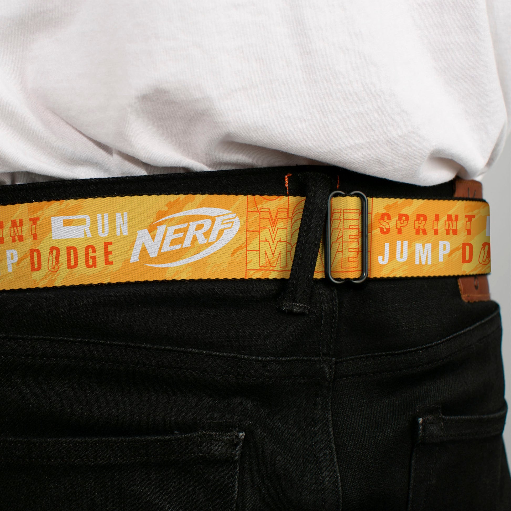 NERF Logo Full Color White/Red/Yellow Seatbelt Belt - NERF Action Verbiage Collage Yellows/Orange/White Webbing Seatbelt Belts Nerf