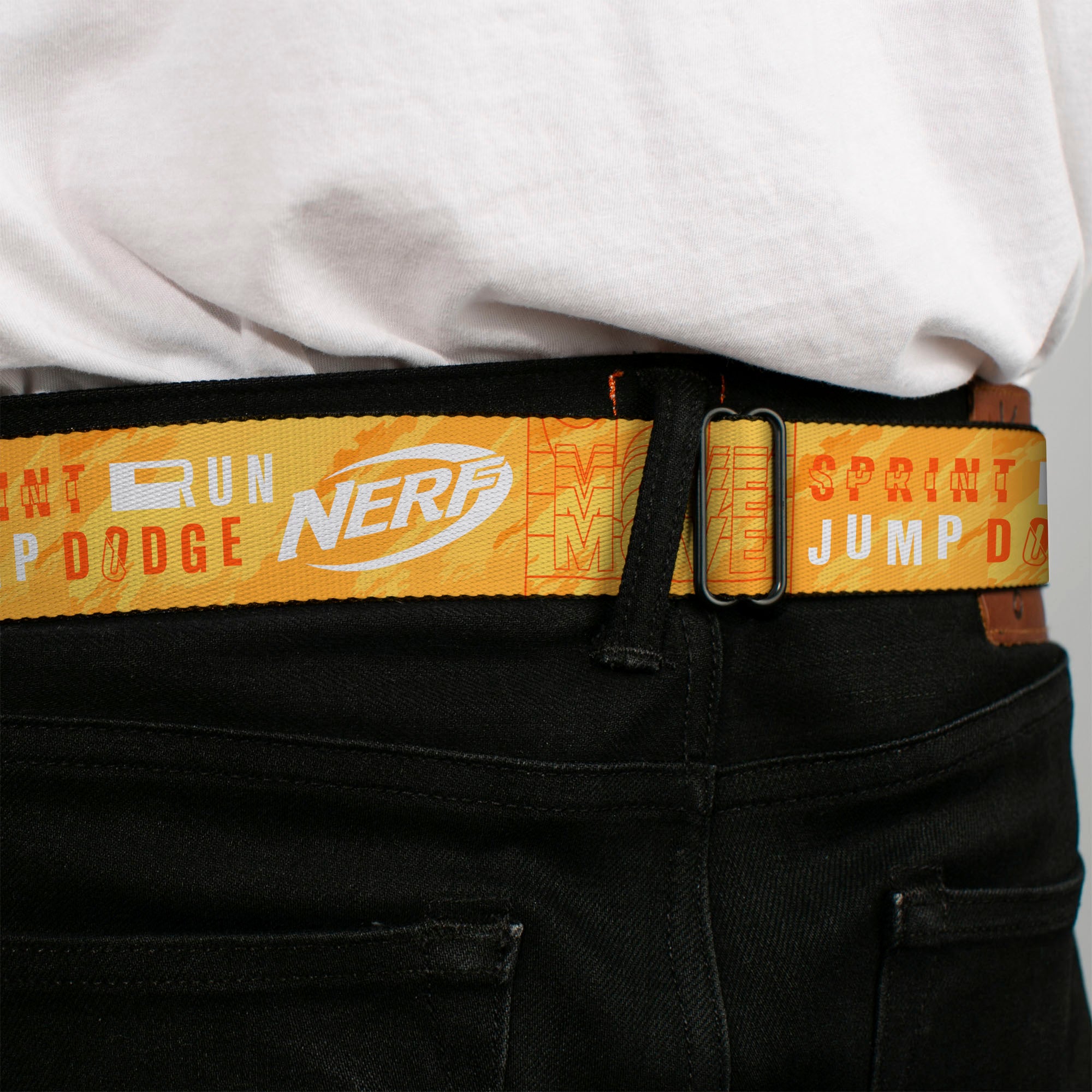 NERF Logo Full Color White/Red/Yellow Seatbelt Belt - NERF Action Verbiage Collage Yellows/Orange/White Webbing Seatbelt Belts Nerf
