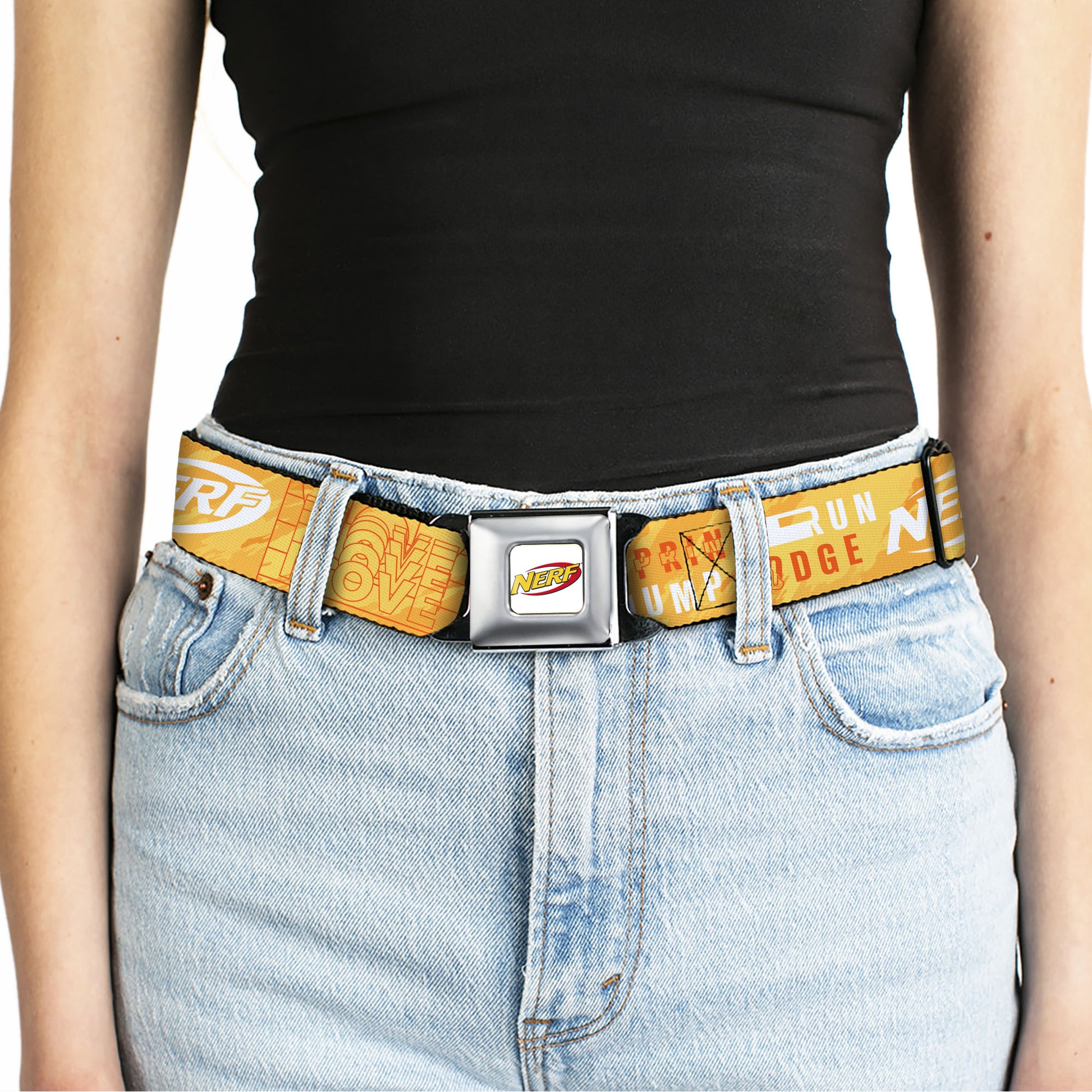 NERF Logo Full Color White/Red/Yellow Seatbelt Belt - NERF Action Verbiage Collage Yellows/Orange/White Webbing Seatbelt Belts Nerf