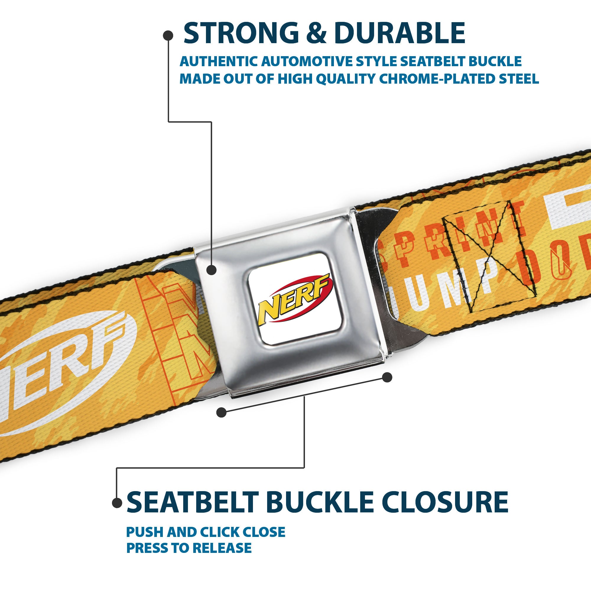 NERF Logo Full Color White/Red/Yellow Seatbelt Belt - NERF Action Verbiage Collage Yellows/Orange/White Webbing Seatbelt Belts Nerf