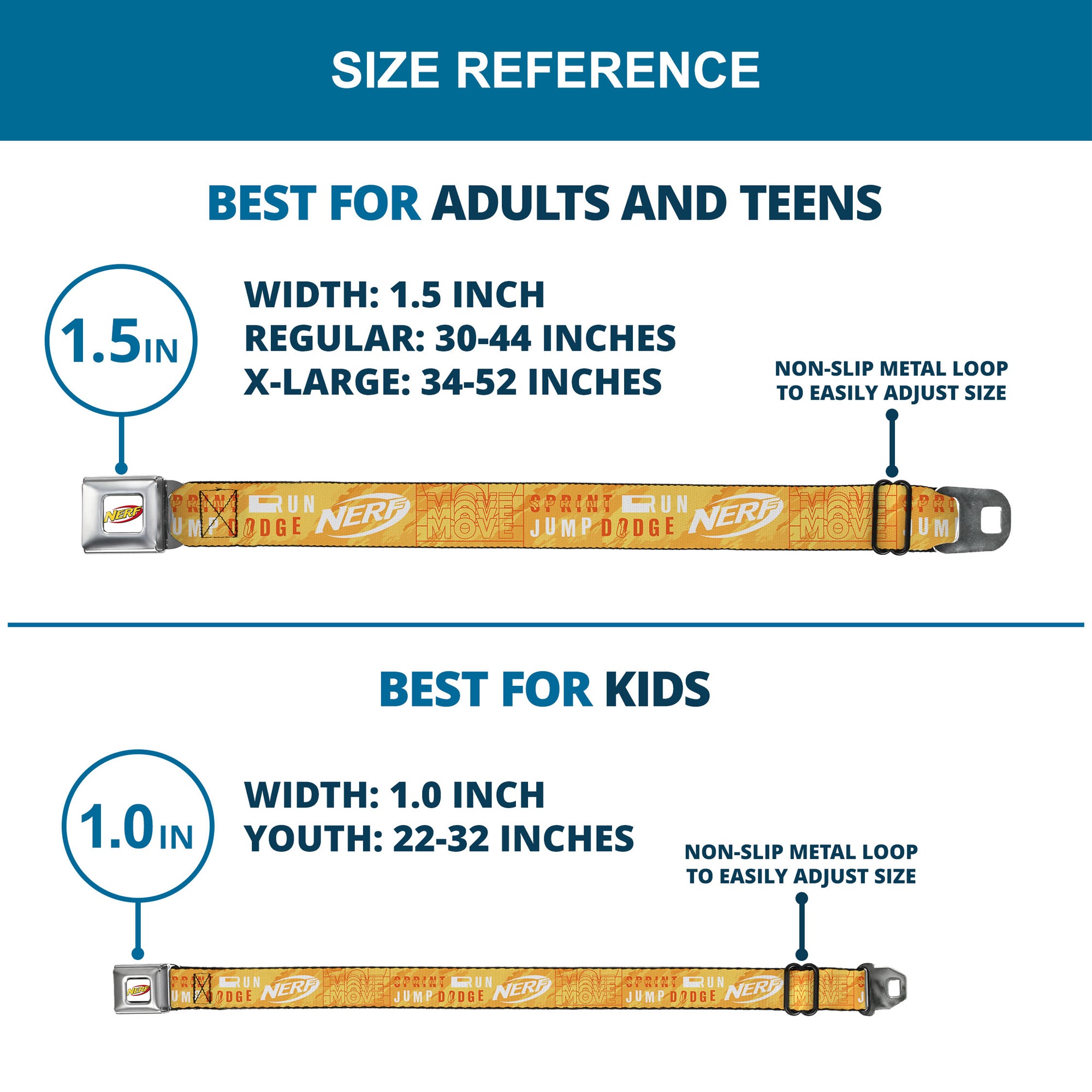 NERF Logo Full Color White/Red/Yellow Seatbelt Belt - NERF Action Verbiage Collage Yellows/Orange/White Webbing Seatbelt Belts Nerf