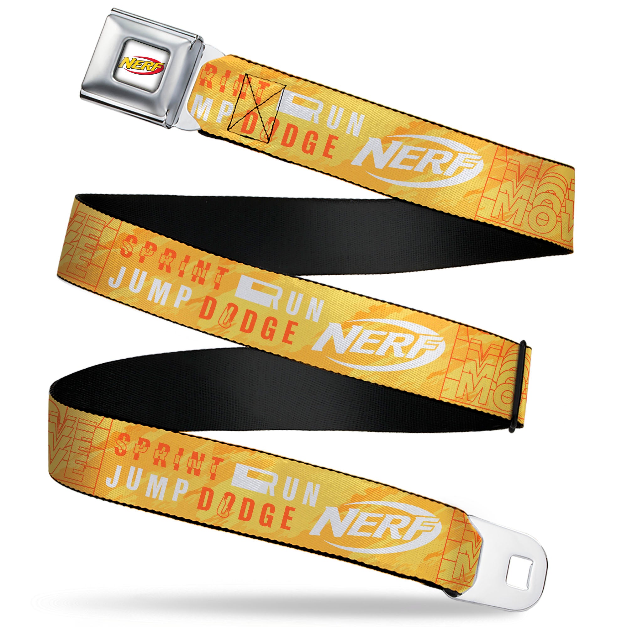 NERF Logo Full Color White/Red/Yellow Seatbelt Belt - NERF Action Verbiage Collage Yellows/Orange/White Webbing Seatbelt Belts Nerf