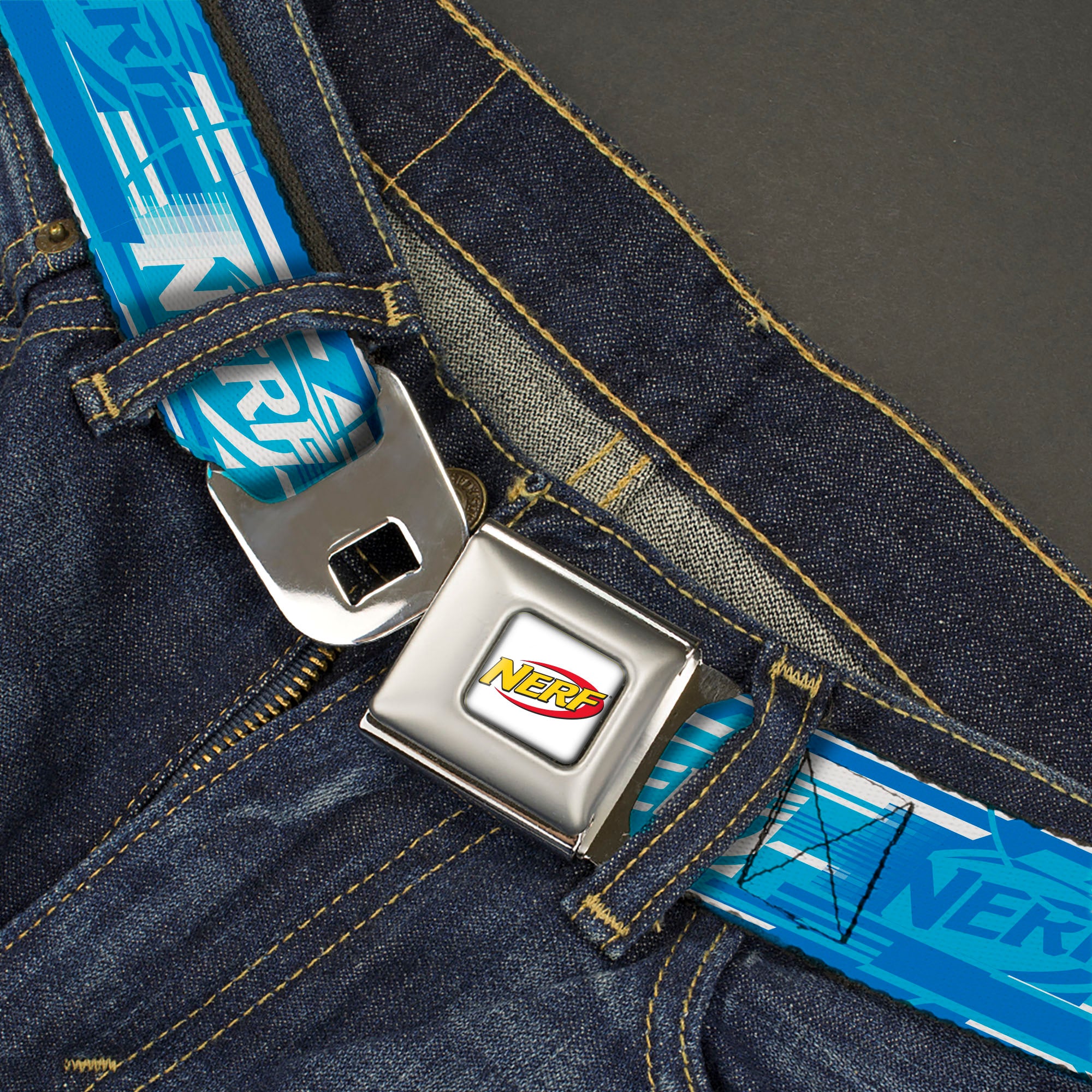 NERF Logo Full Color White/Red/Yellow Seatbelt Belt - NERF Logo Streaks Blues/White Webbing Seatbelt Belts Nerf