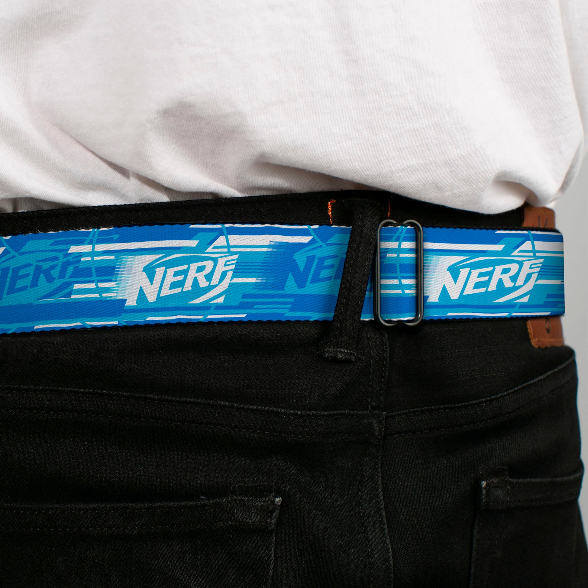 NERF Logo Full Color White/Red/Yellow Seatbelt Belt - NERF Logo Streaks Blues/White Webbing Seatbelt Belts Nerf