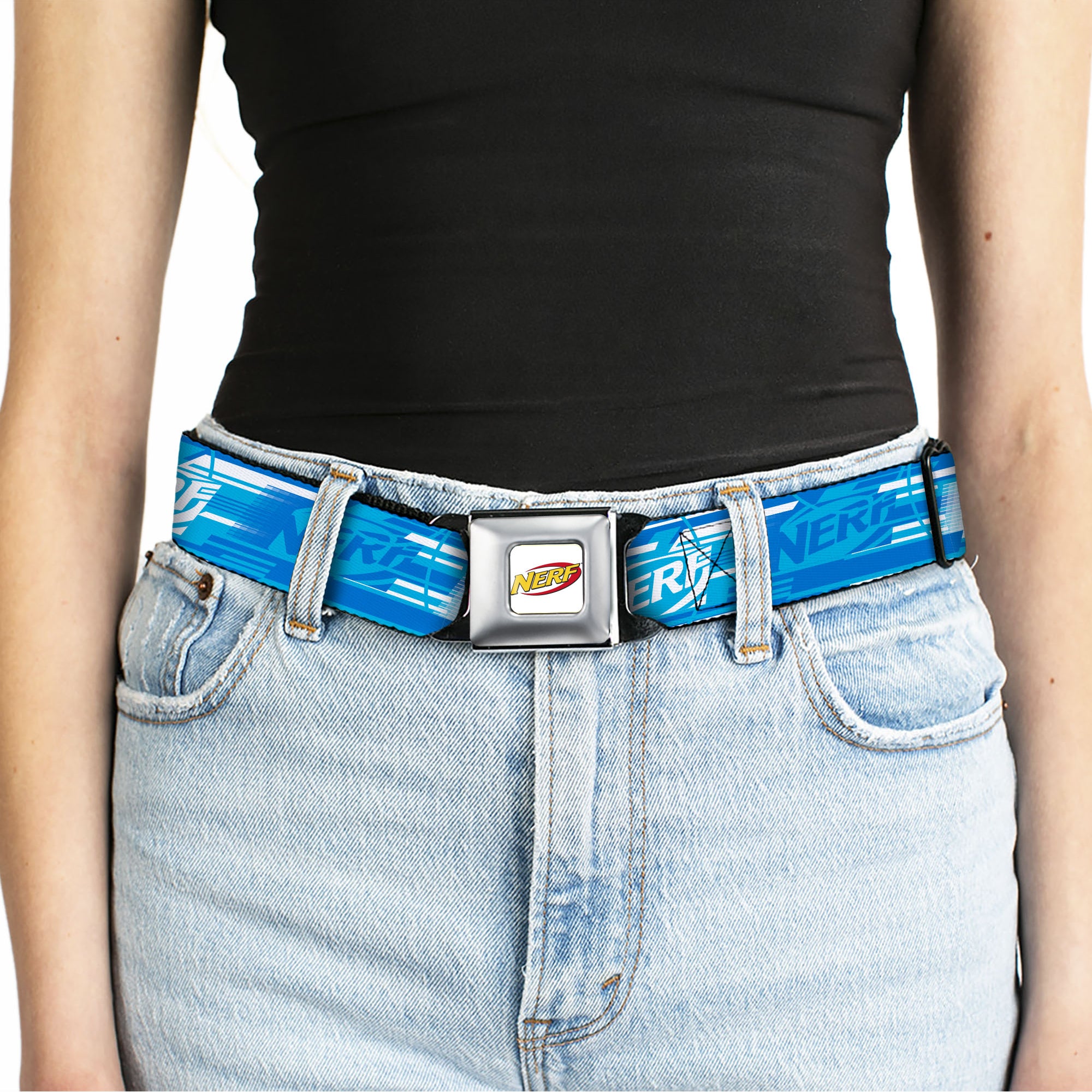 NERF Logo Full Color White/Red/Yellow Seatbelt Belt - NERF Logo Streaks Blues/White Webbing Seatbelt Belts Nerf