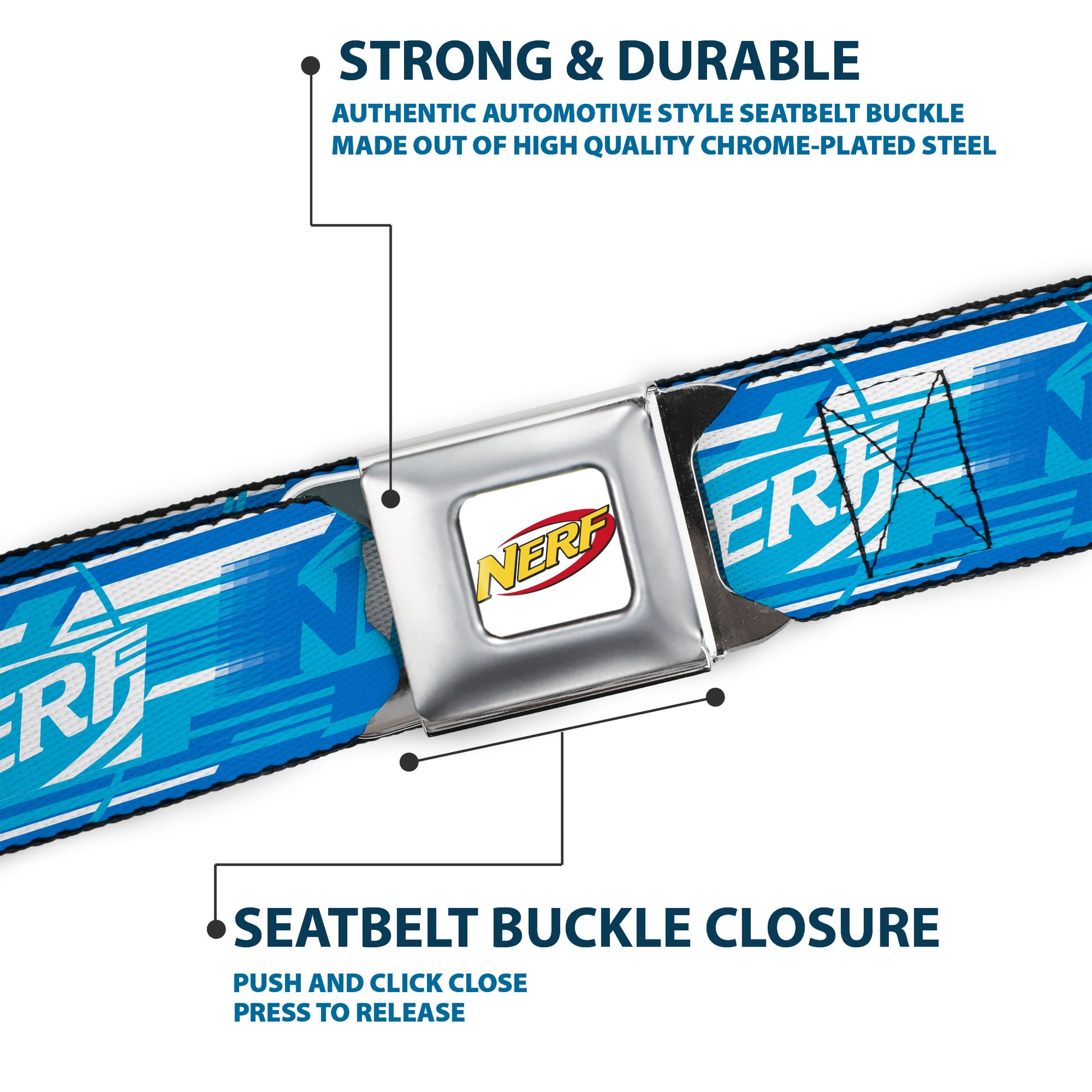 NERF Logo Full Color White/Red/Yellow Seatbelt Belt - NERF Logo Streaks Blues/White Webbing Seatbelt Belts Nerf