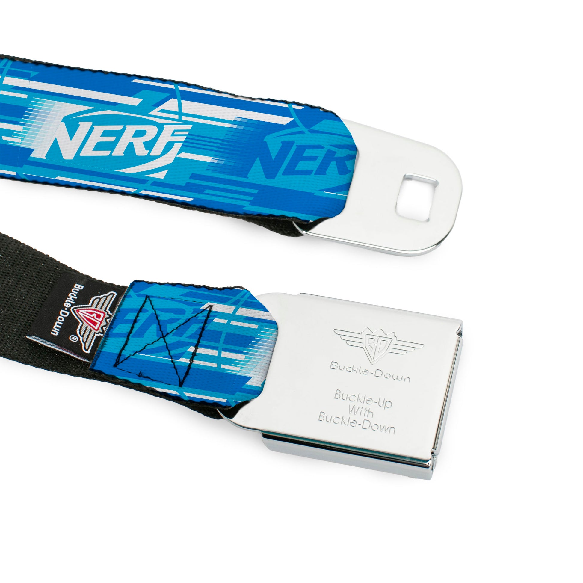 NERF Logo Full Color White/Red/Yellow Seatbelt Belt - NERF Logo Streaks Blues/White Webbing Seatbelt Belts Nerf