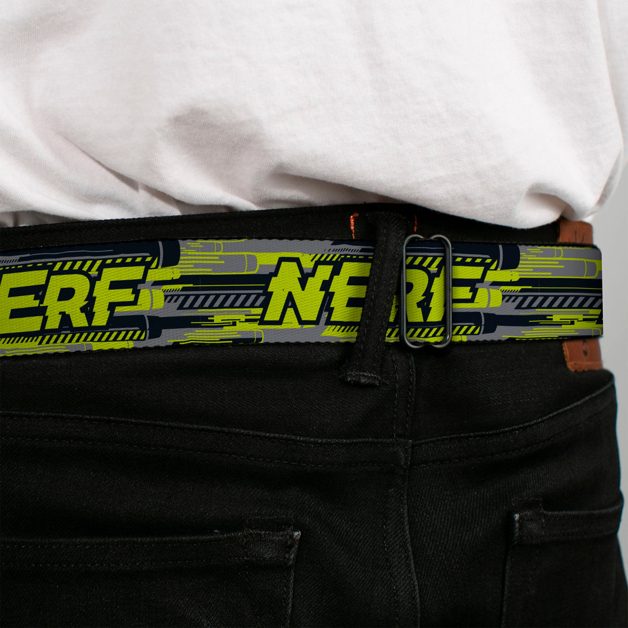 NERF Logo Full Color White/Red/Yellow Seatbelt Belt - NERF Text Glitch Logo Gray/Yellow/Black Webbing Seatbelt Belts Nerf