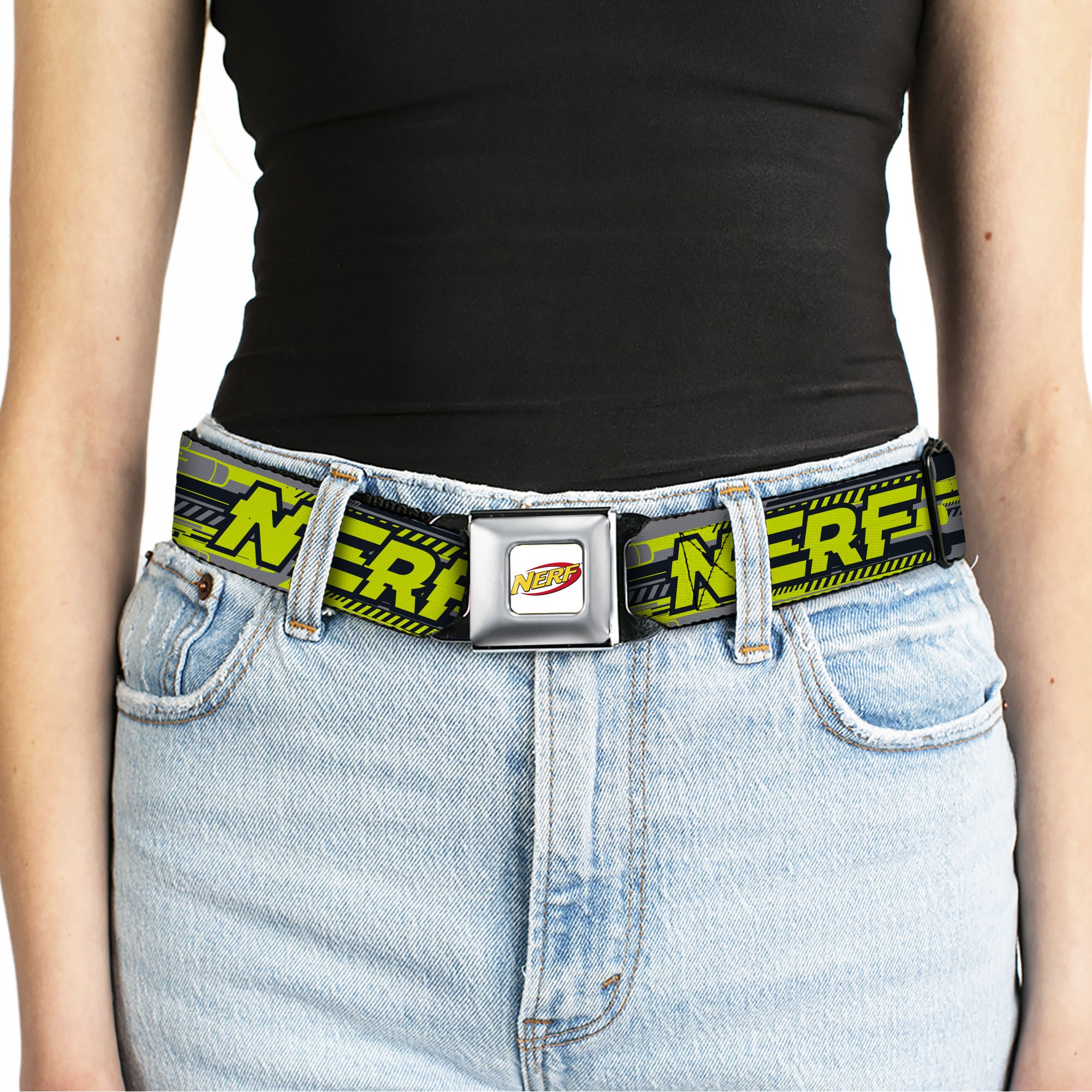 NERF Logo Full Color White/Red/Yellow Seatbelt Belt - NERF Text Glitch Logo Gray/Yellow/Black Webbing Seatbelt Belts Nerf