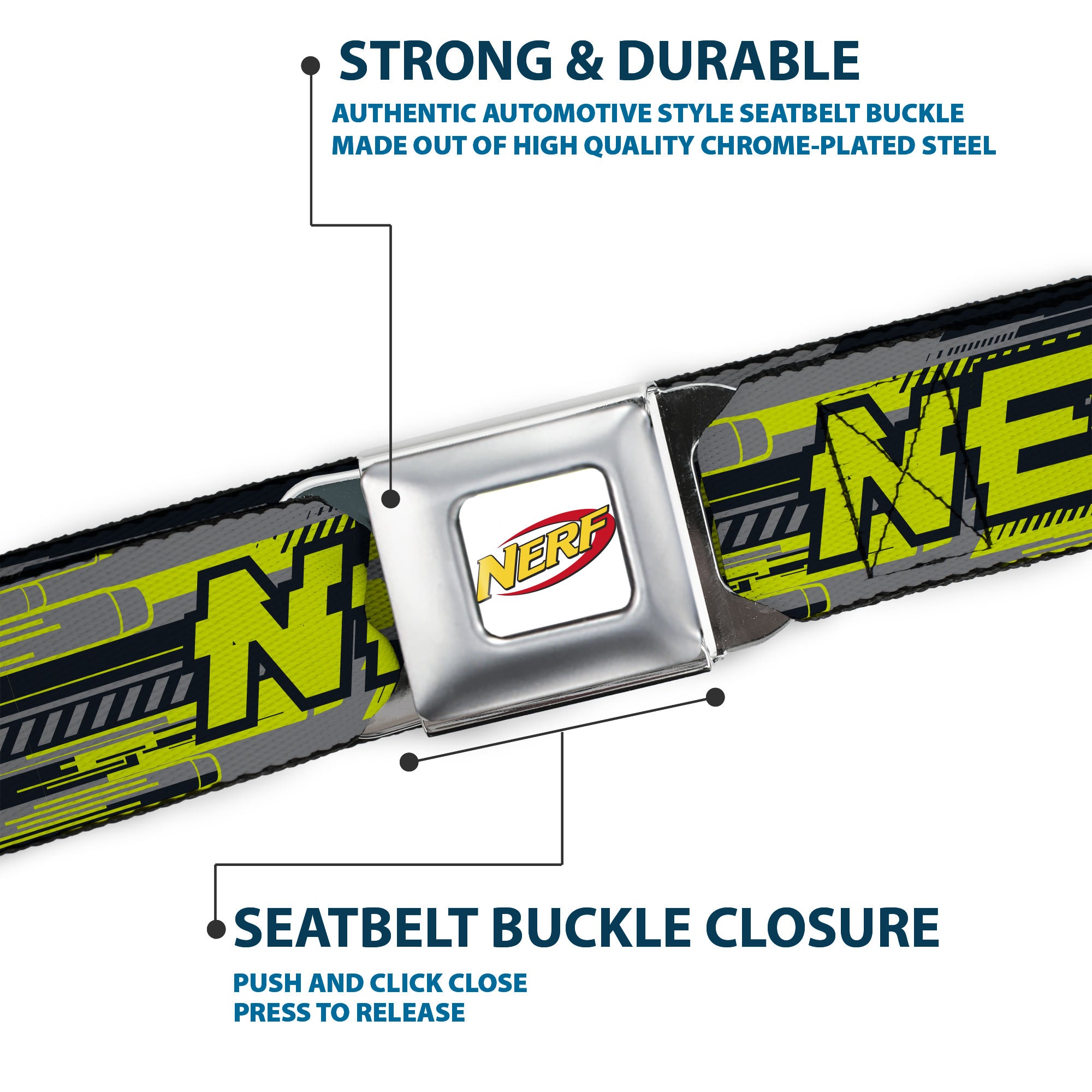 NERF Logo Full Color White/Red/Yellow Seatbelt Belt - NERF Text Glitch Logo Gray/Yellow/Black Webbing Seatbelt Belts Nerf