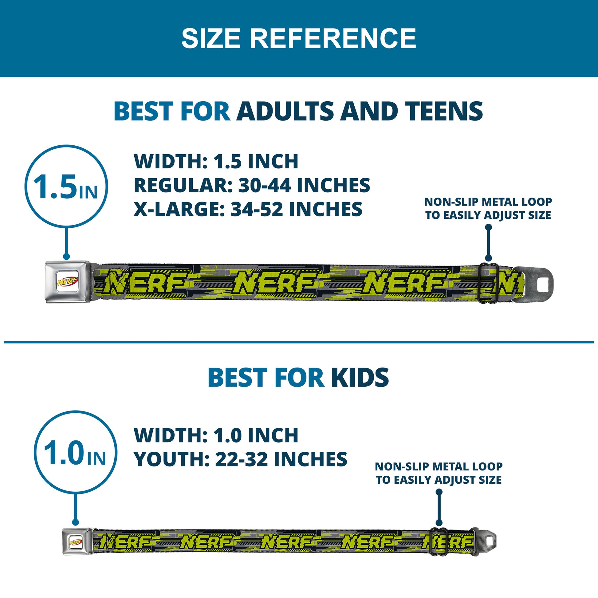 NERF Logo Full Color White/Red/Yellow Seatbelt Belt - NERF Text Glitch Logo Gray/Yellow/Black Webbing Seatbelt Belts Nerf