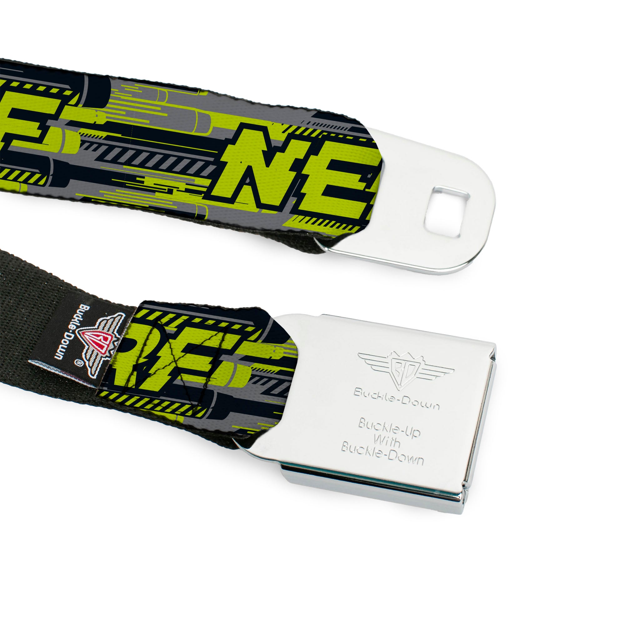 NERF Logo Full Color White/Red/Yellow Seatbelt Belt - NERF Text Glitch Logo Gray/Yellow/Black Webbing Seatbelt Belts Nerf