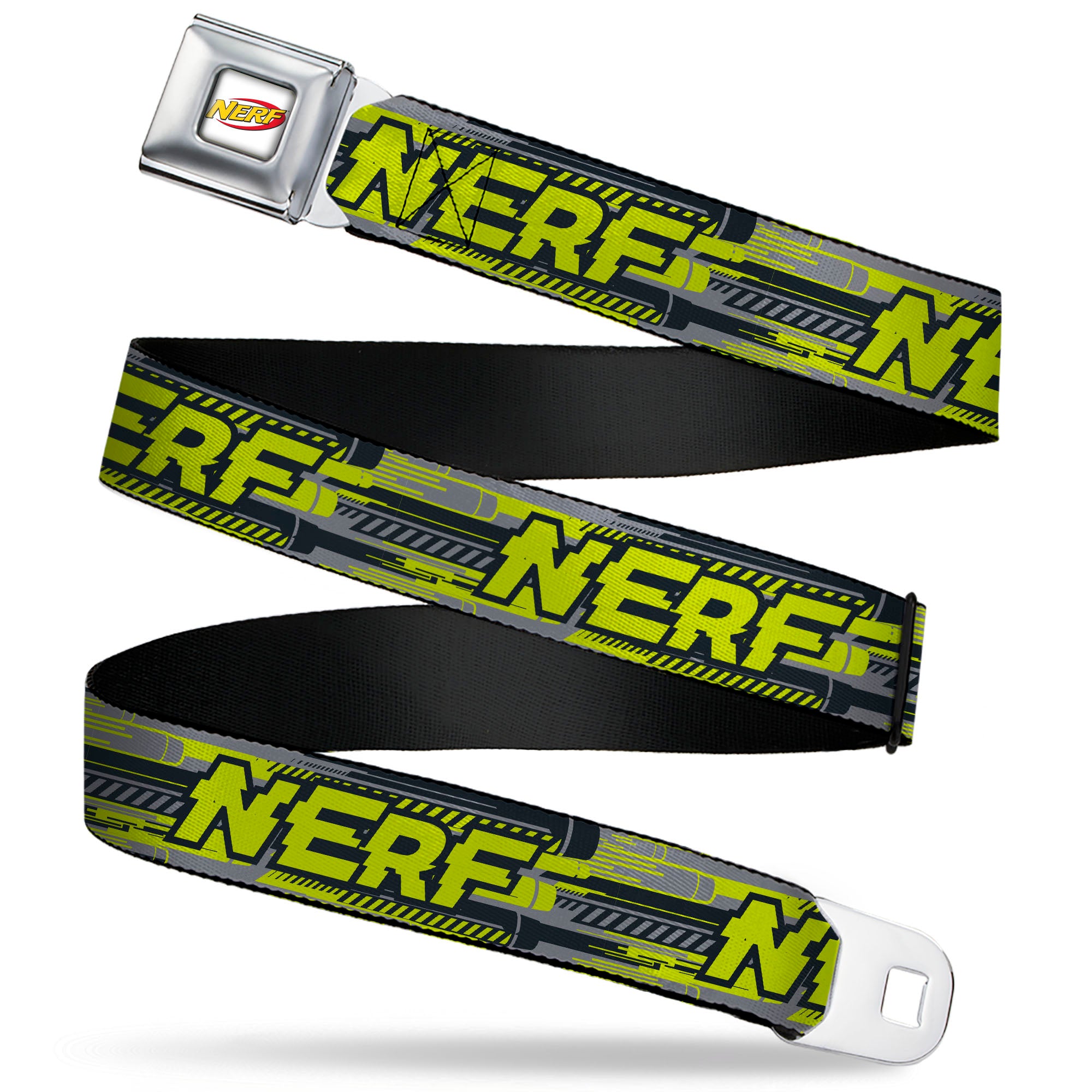 NERF Logo Full Color White/Red/Yellow Seatbelt Belt - NERF Text Glitch Logo Gray/Yellow/Black Webbing Seatbelt Belts Nerf