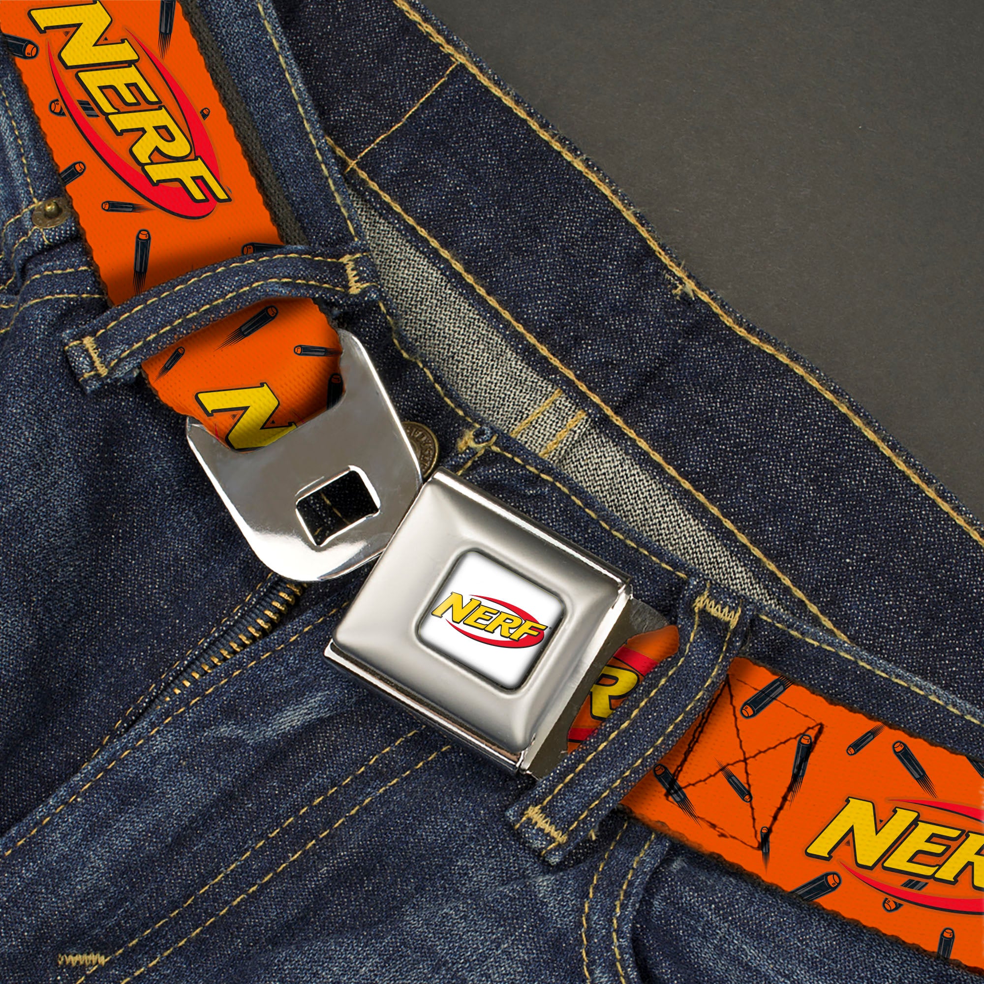 NERF Logo Full Color White/Red/Yellow Seatbelt Belt - NERF Logo Darts Scattered Orange/Black Webbing Seatbelt Belts Nerf