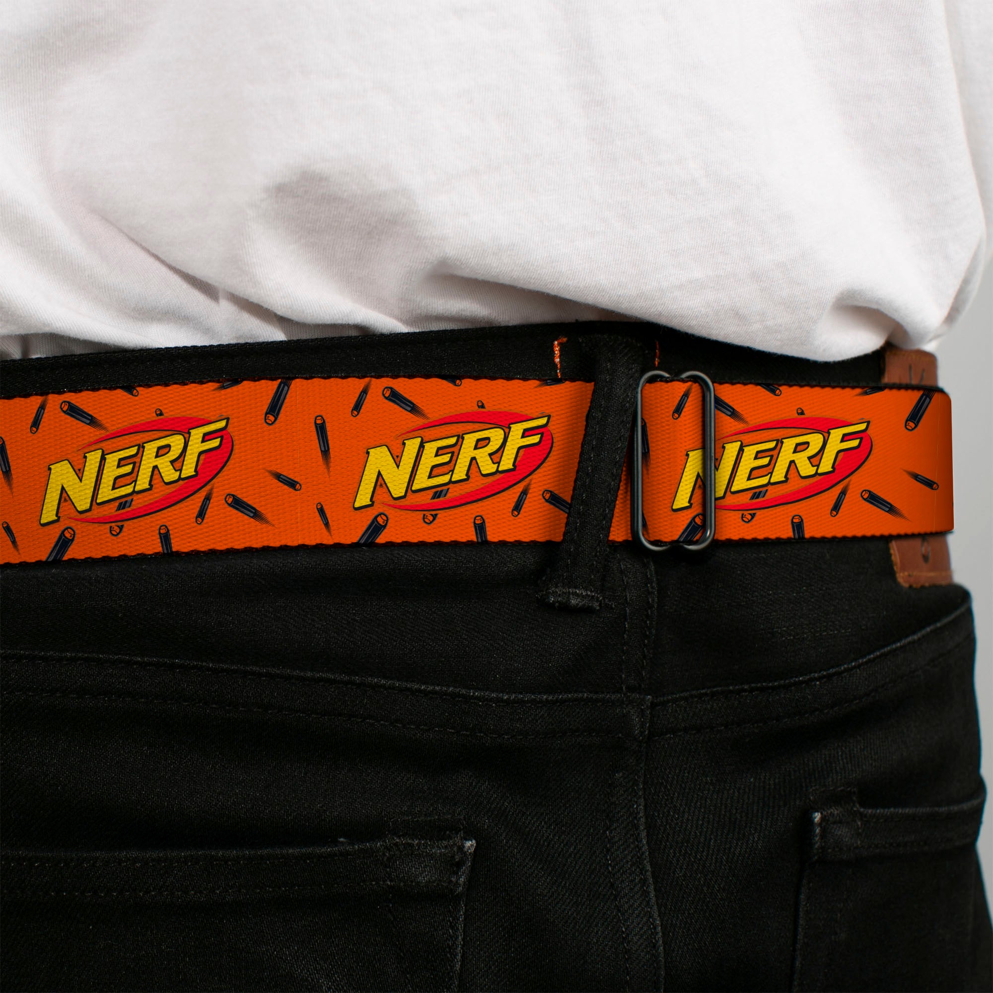 NERF Logo Full Color White/Red/Yellow Seatbelt Belt - NERF Logo Darts Scattered Orange/Black Webbing Seatbelt Belts Nerf