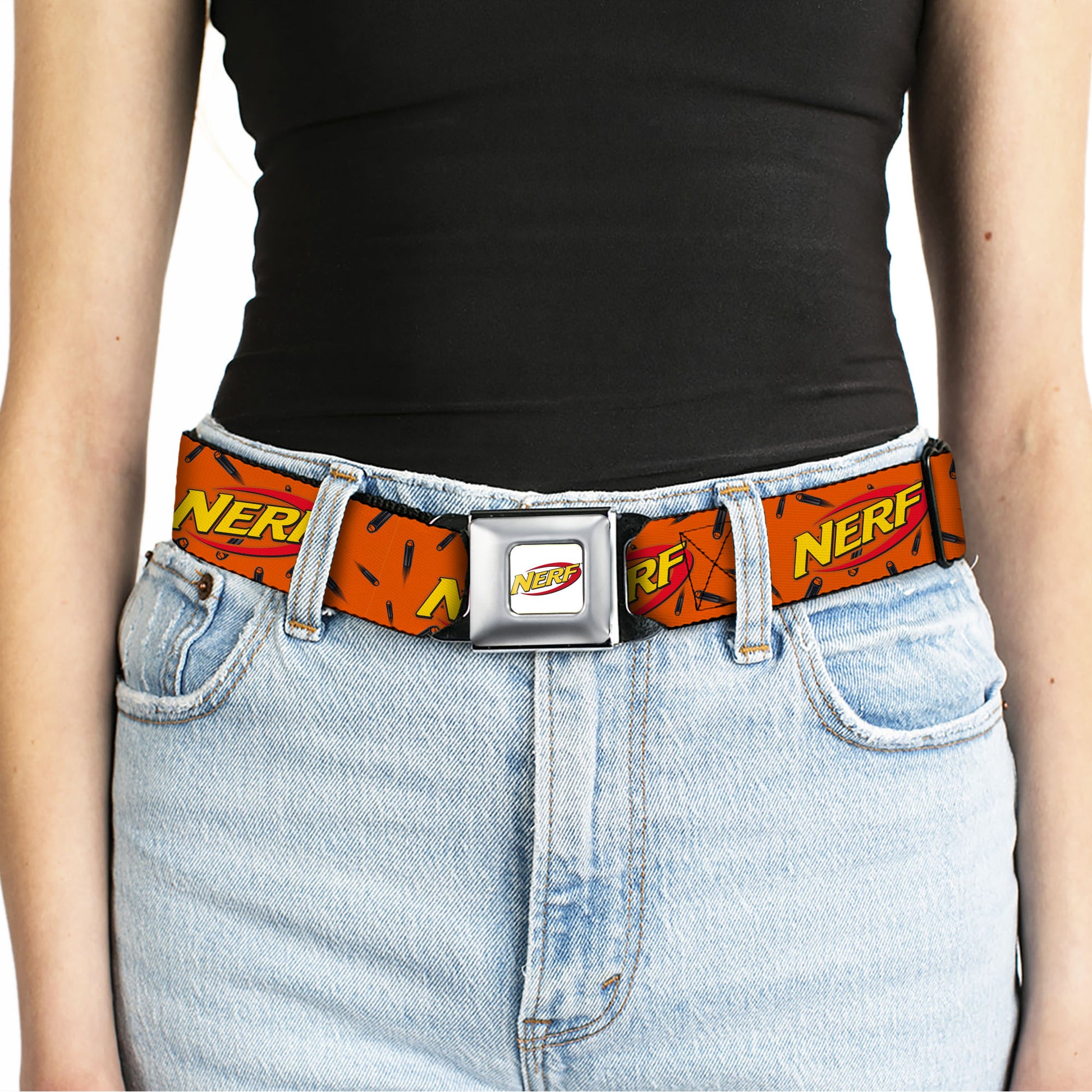 NERF Logo Full Color White/Red/Yellow Seatbelt Belt - NERF Logo Darts Scattered Orange/Black Webbing Seatbelt Belts Nerf