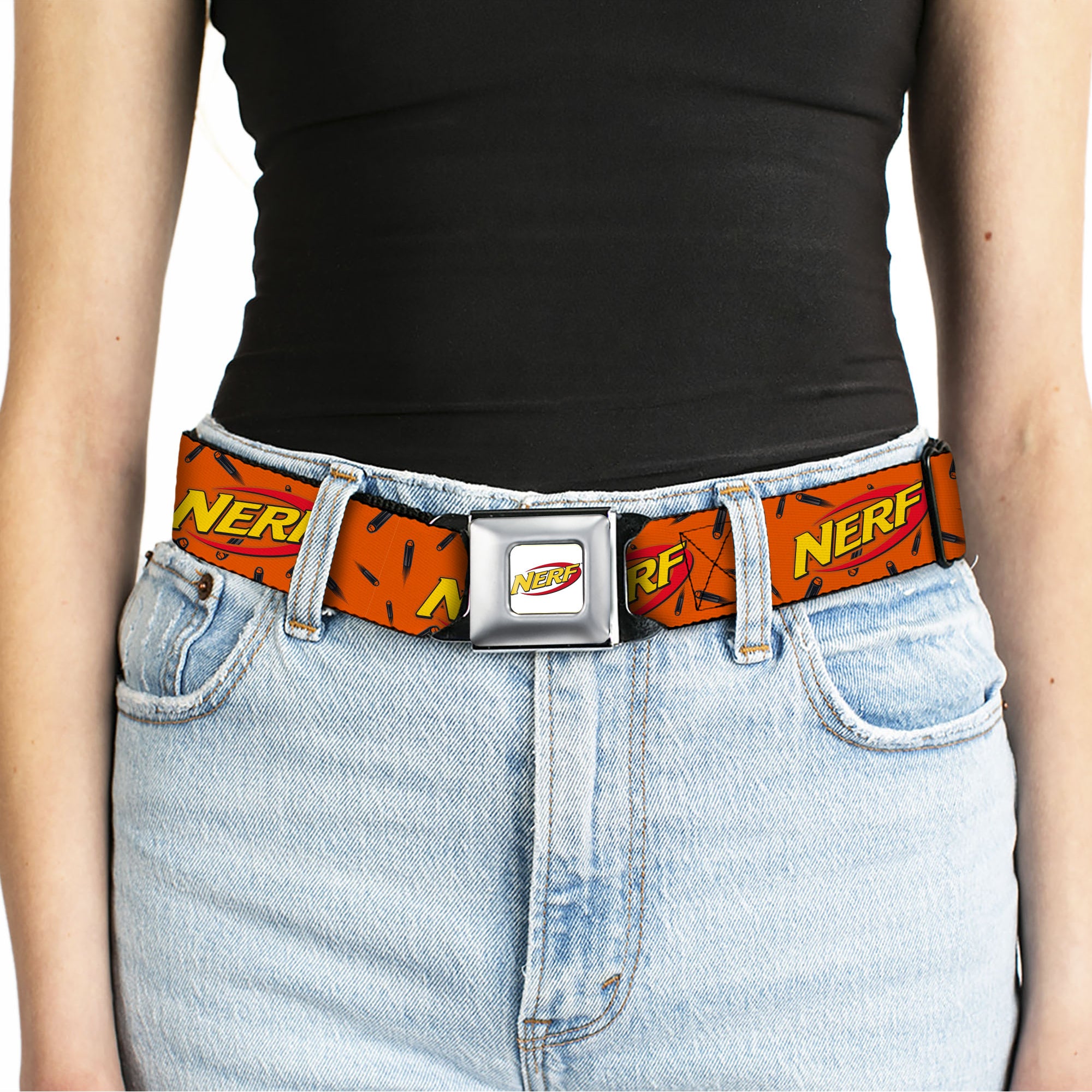 NERF Logo Full Color White/Red/Yellow Seatbelt Belt - NERF Logo Darts Scattered Orange/Black Webbing Seatbelt Belts Nerf