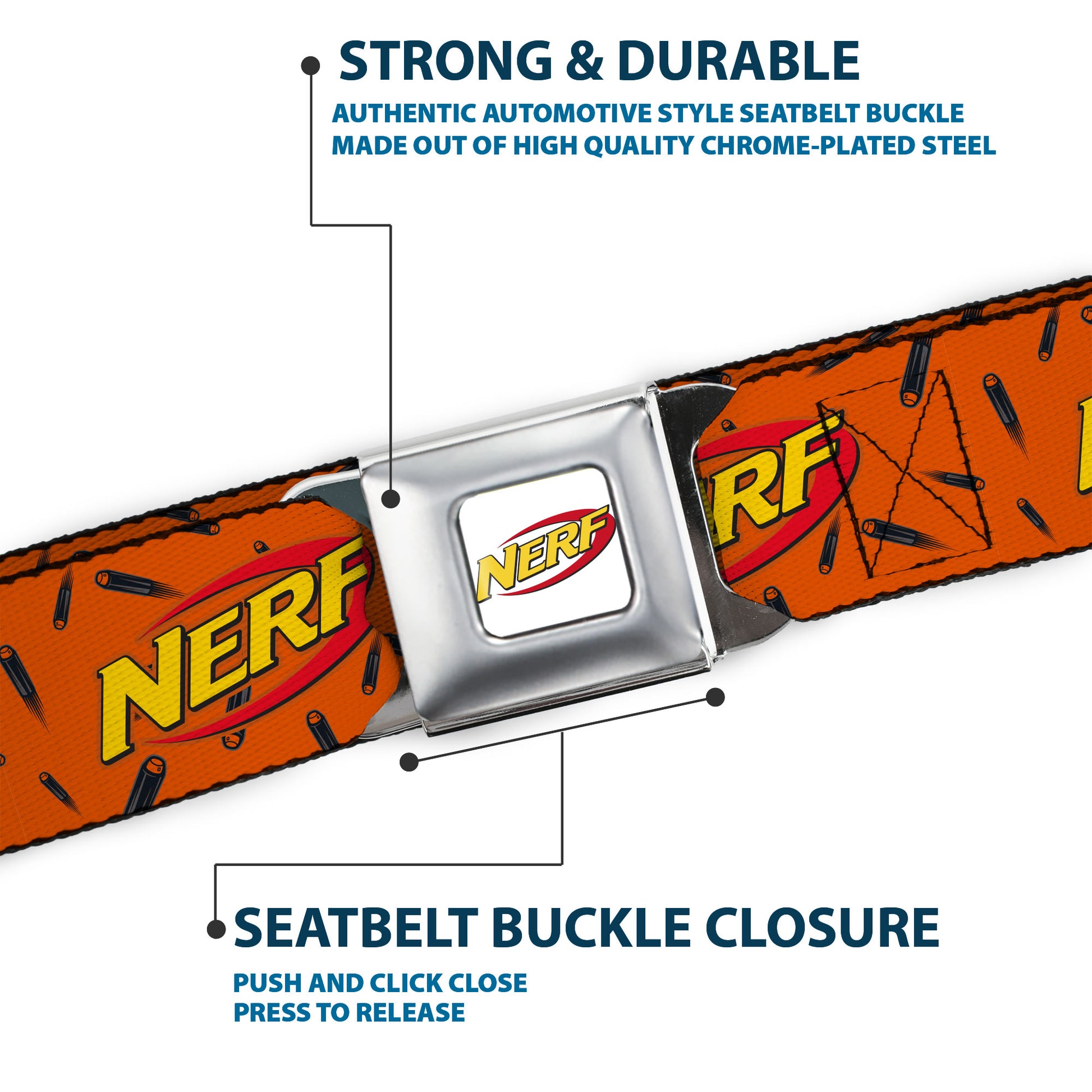 NERF Logo Full Color White/Red/Yellow Seatbelt Belt - NERF Logo Darts Scattered Orange/Black Webbing Seatbelt Belts Nerf