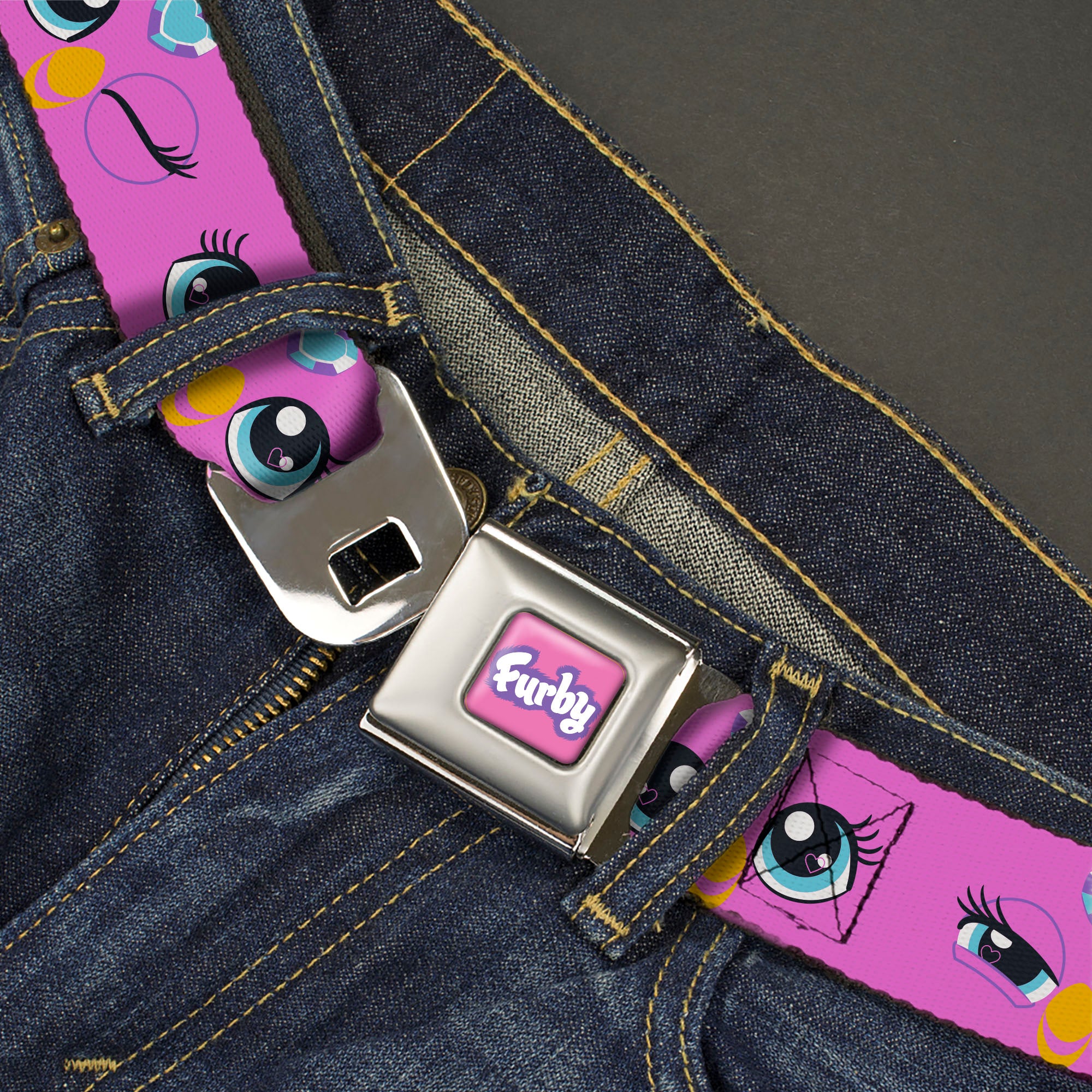 FURBY Title Logo Full Color Pink/Purple/White Seatbelt Belt - Furby Purple Eye Expressions Close-Up Pink Webbing Seatbelt Belts Furby