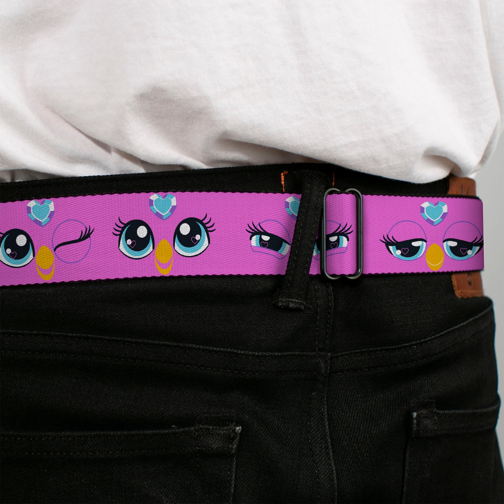 FURBY Title Logo Full Color Pink/Purple/White Seatbelt Belt - Furby Purple Eye Expressions Close-Up Pink Webbing Seatbelt Belts Furby