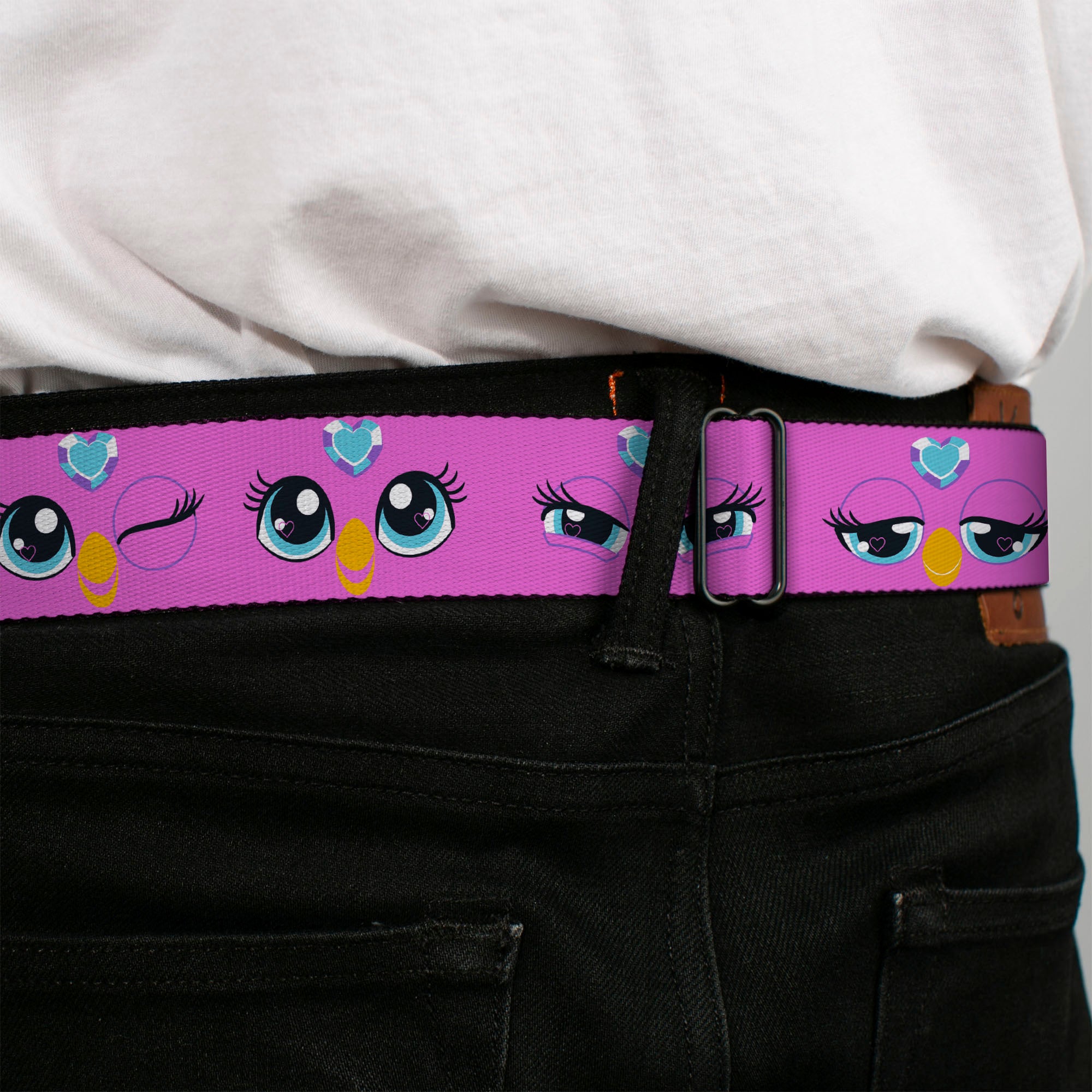 FURBY Title Logo Full Color Pink/Purple/White Seatbelt Belt - Furby Purple Eye Expressions Close-Up Pink Webbing Seatbelt Belts Furby