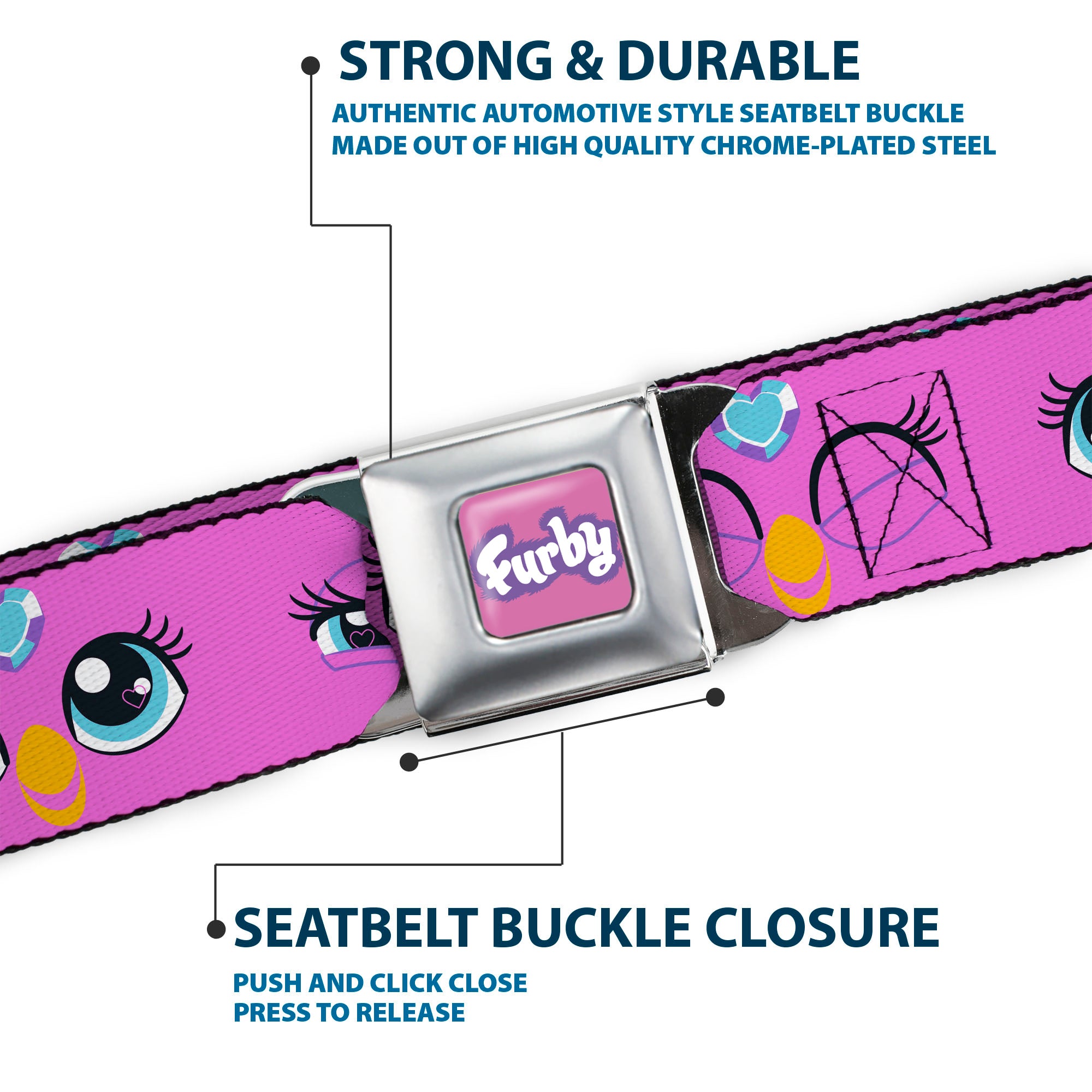 FURBY Title Logo Full Color Pink/Purple/White Seatbelt Belt - Furby Purple Eye Expressions Close-Up Pink Webbing Seatbelt Belts Furby