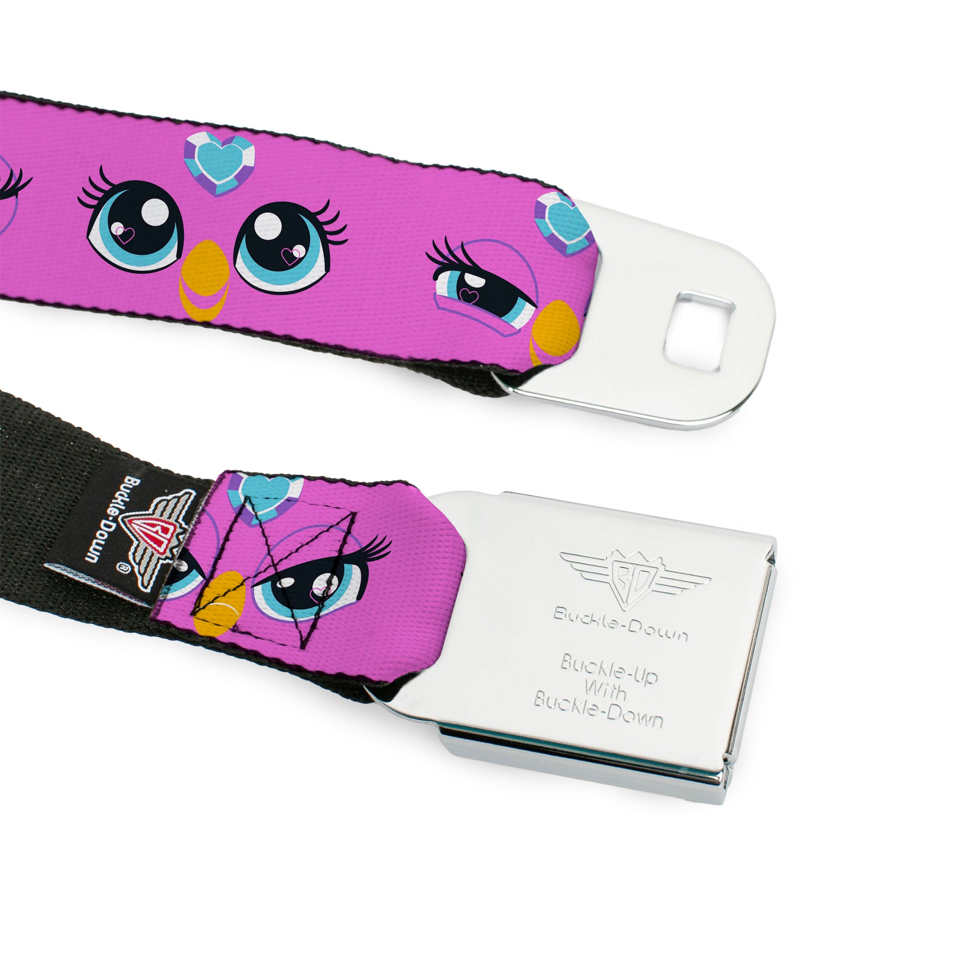 FURBY Title Logo Full Color Pink/Purple/White Seatbelt Belt - Furby Purple Eye Expressions Close-Up Pink Webbing Seatbelt Belts Furby