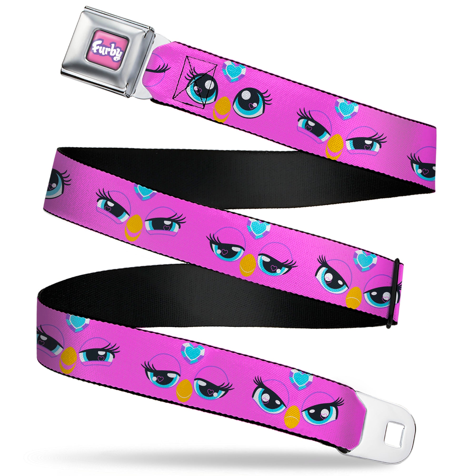 FURBY Title Logo Full Color Pink/Purple/White Seatbelt Belt - Furby Purple Eye Expressions Close-Up Pink Webbing Seatbelt Belts Furby