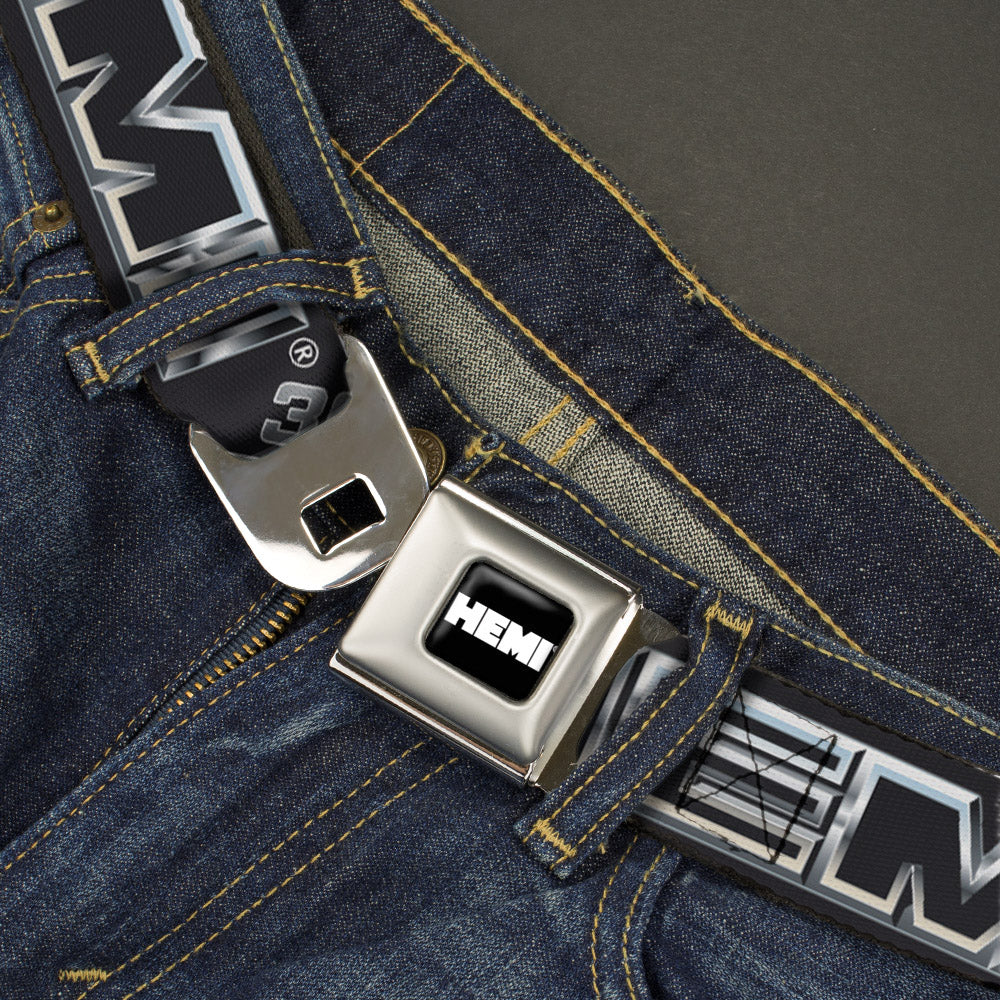 HEMI Bold Full Color Black/White Seatbelt Belt - HEMI Bold Outline 392/426 Black/Silver-Fade Webbing Seatbelt Belts Hemi