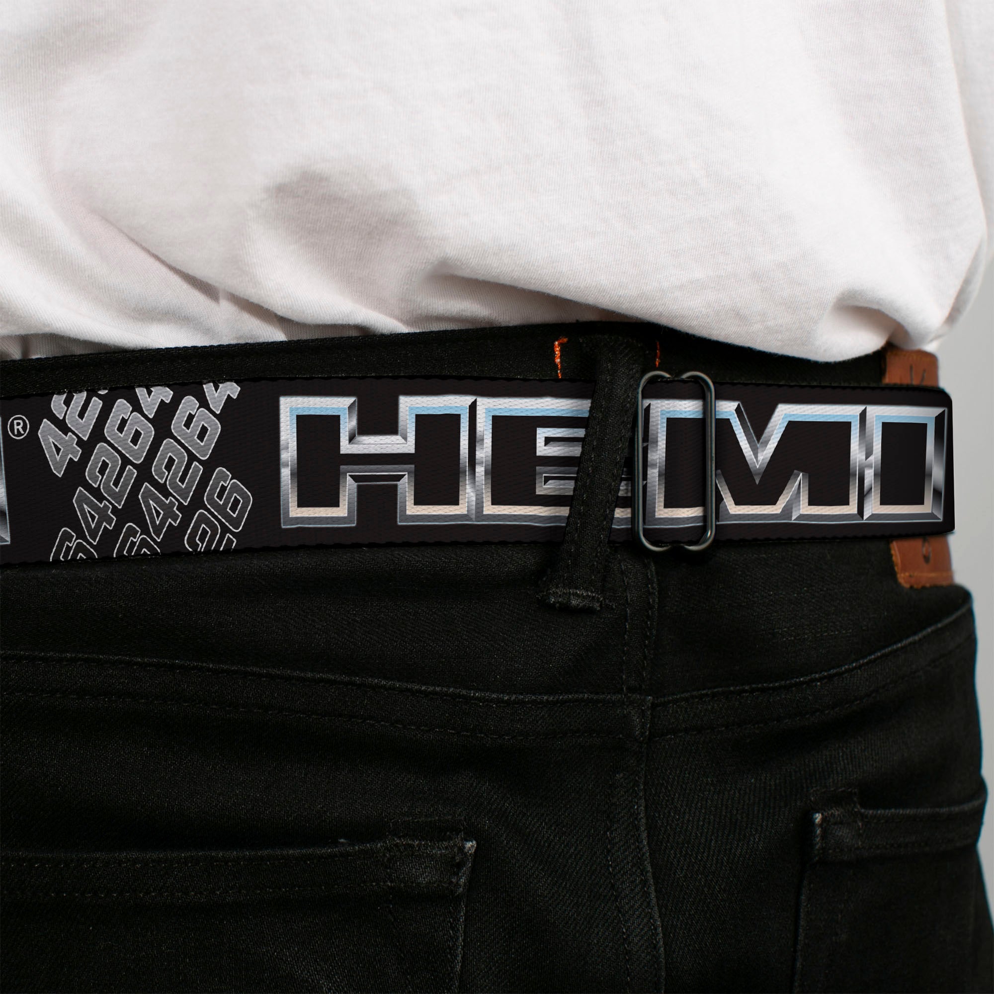 HEMI Bold Full Color Black/White Seatbelt Belt - HEMI Bold Outline 392/426 Black/Silver-Fade Webbing Seatbelt Belts Hemi
