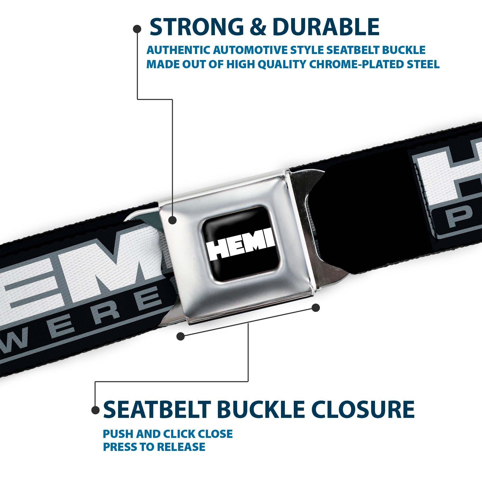 HEMI Bold Full Color Black/White Seatbelt Belt - HEMI Bold Outline 392/426 Black/Silver-Fade Webbing Seatbelt Belts Hemi