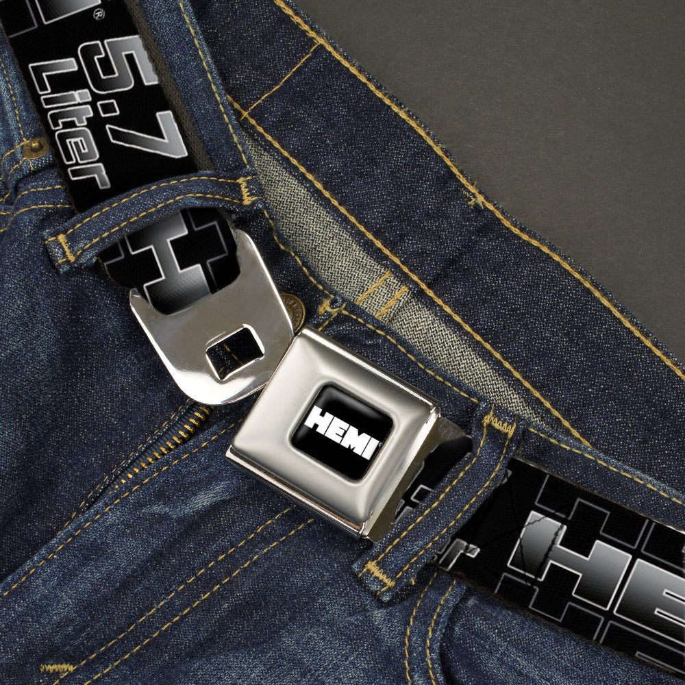 HEMI Bold Full Color Black/White Seatbelt Belt - HEMI 5.7 LITER Black/White/Silver-Fade Webbing Seatbelt Belts Hemi