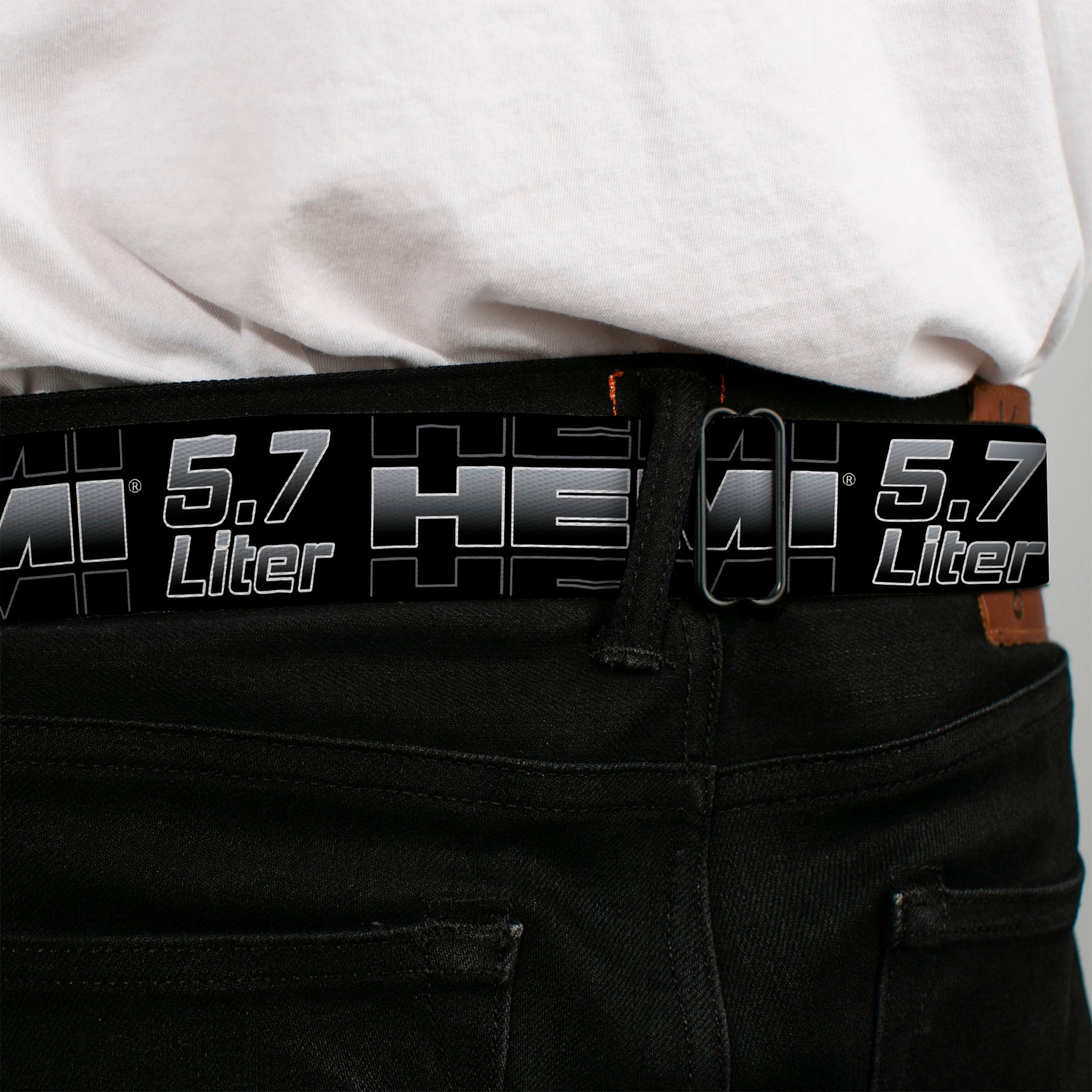 HEMI Bold Full Color Black/White Seatbelt Belt - HEMI 5.7 LITER Black/White/Silver-Fade Webbing Seatbelt Belts Hemi