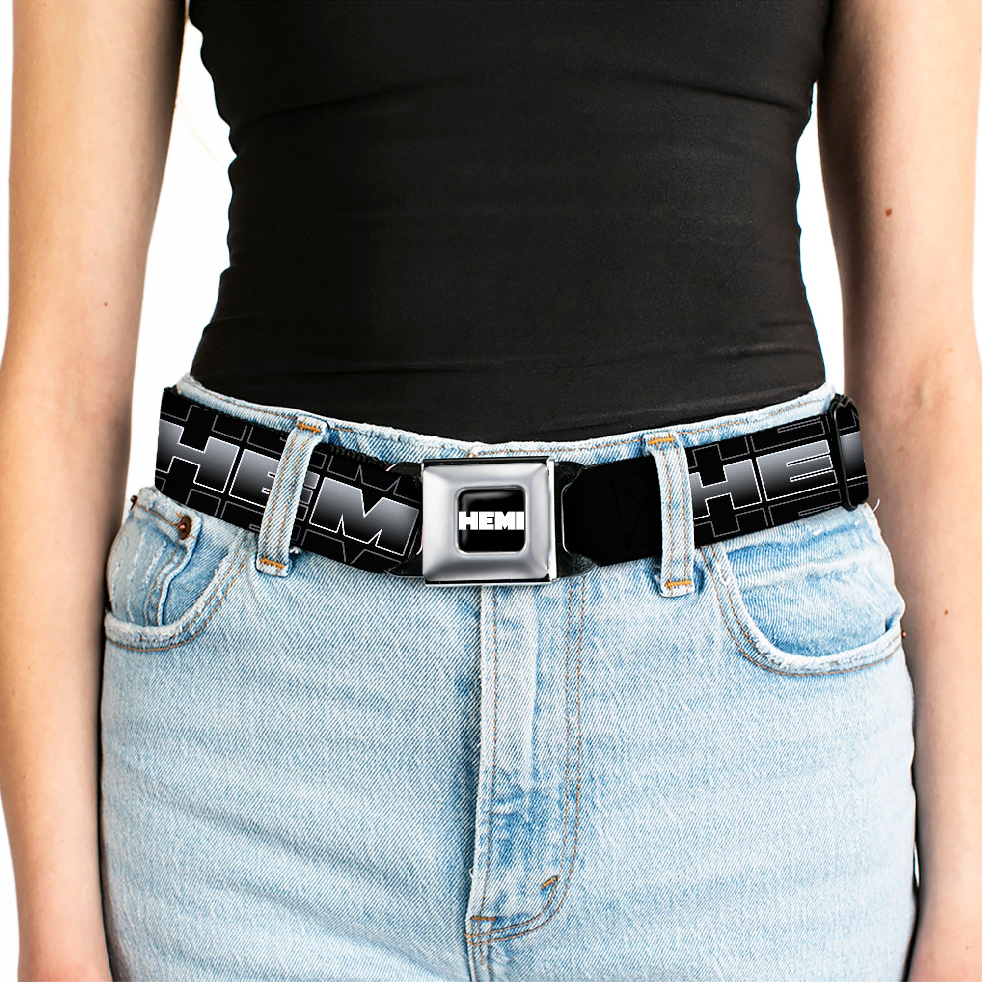 HEMI Bold Full Color Black/White Seatbelt Belt - HEMI 5.7 LITER Black/White/Silver-Fade Webbing Seatbelt Belts Hemi