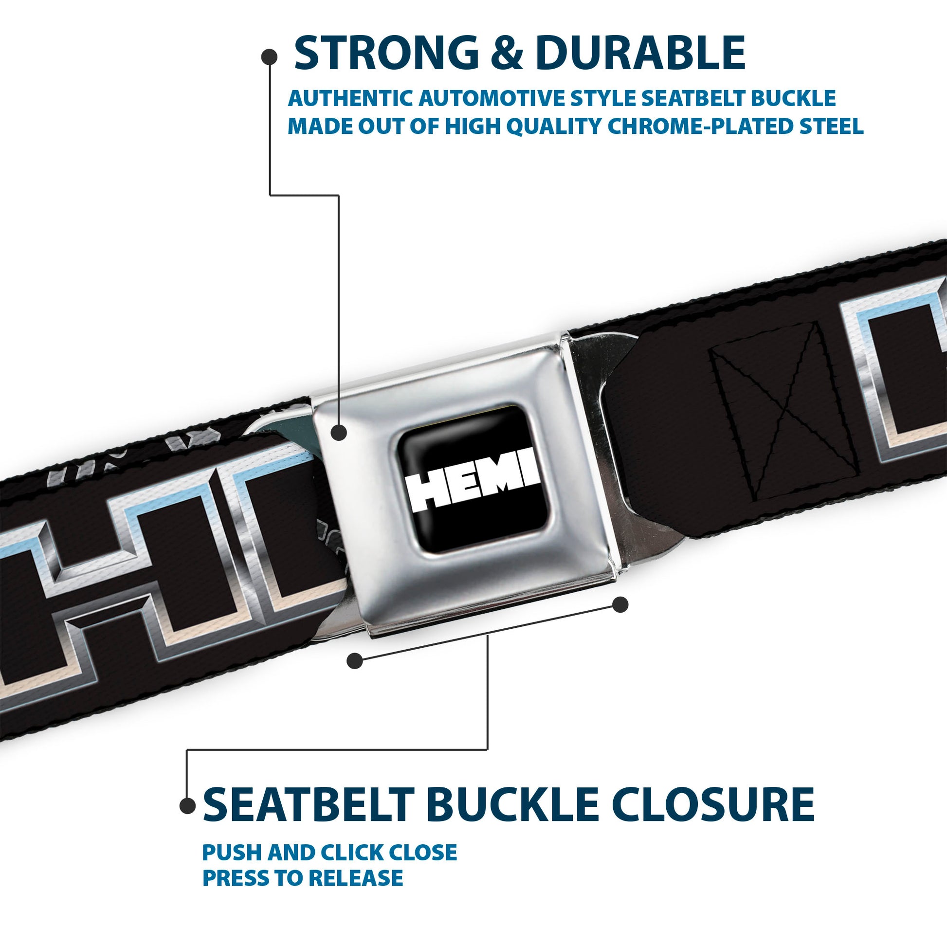 HEMI Bold Full Color Black/White Seatbelt Belt - HEMI 5.7 LITER Black/White/Silver-Fade Webbing Seatbelt Belts Hemi