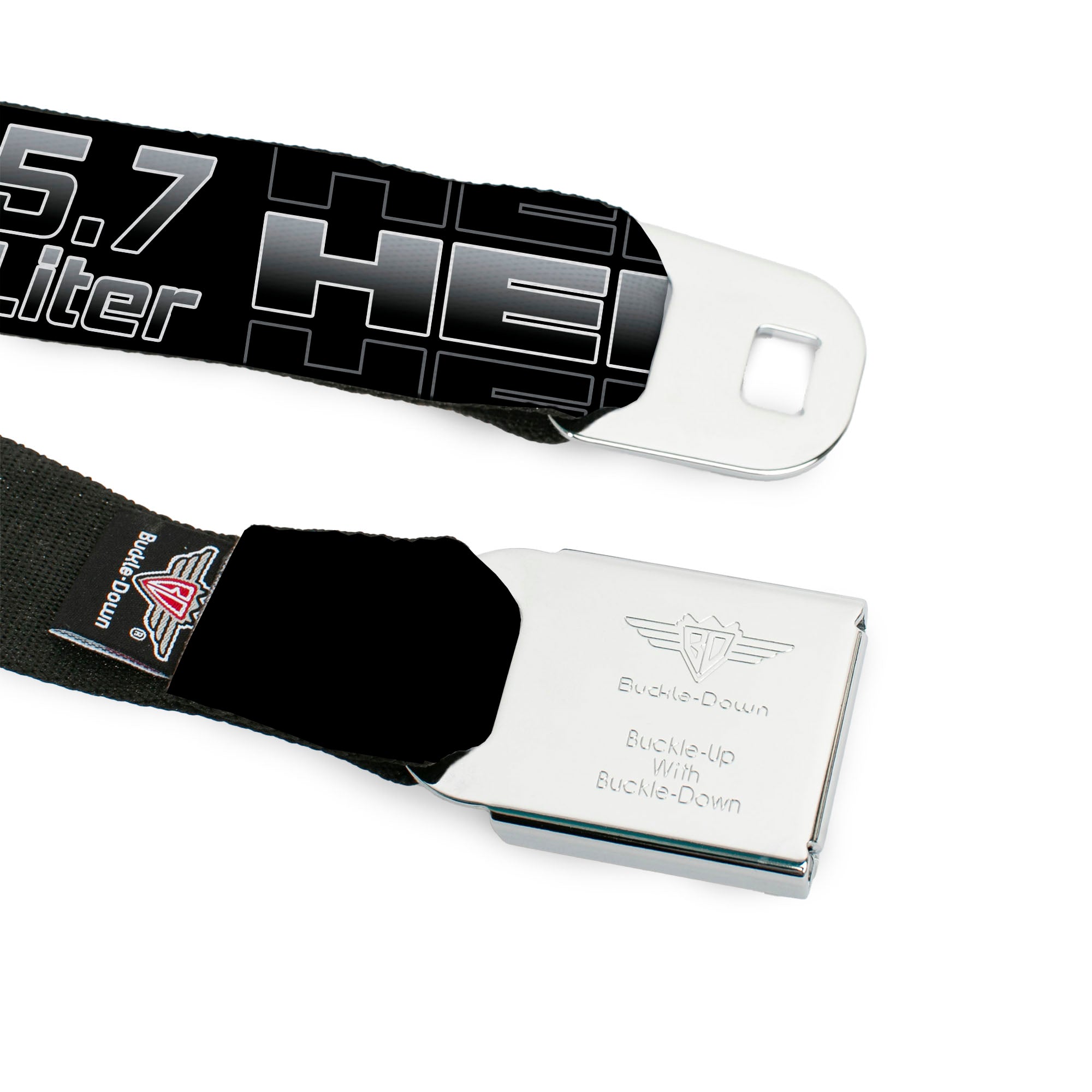 HEMI Bold Full Color Black/White Seatbelt Belt - HEMI 5.7 LITER Black/White/Silver-Fade Webbing Seatbelt Belts Hemi