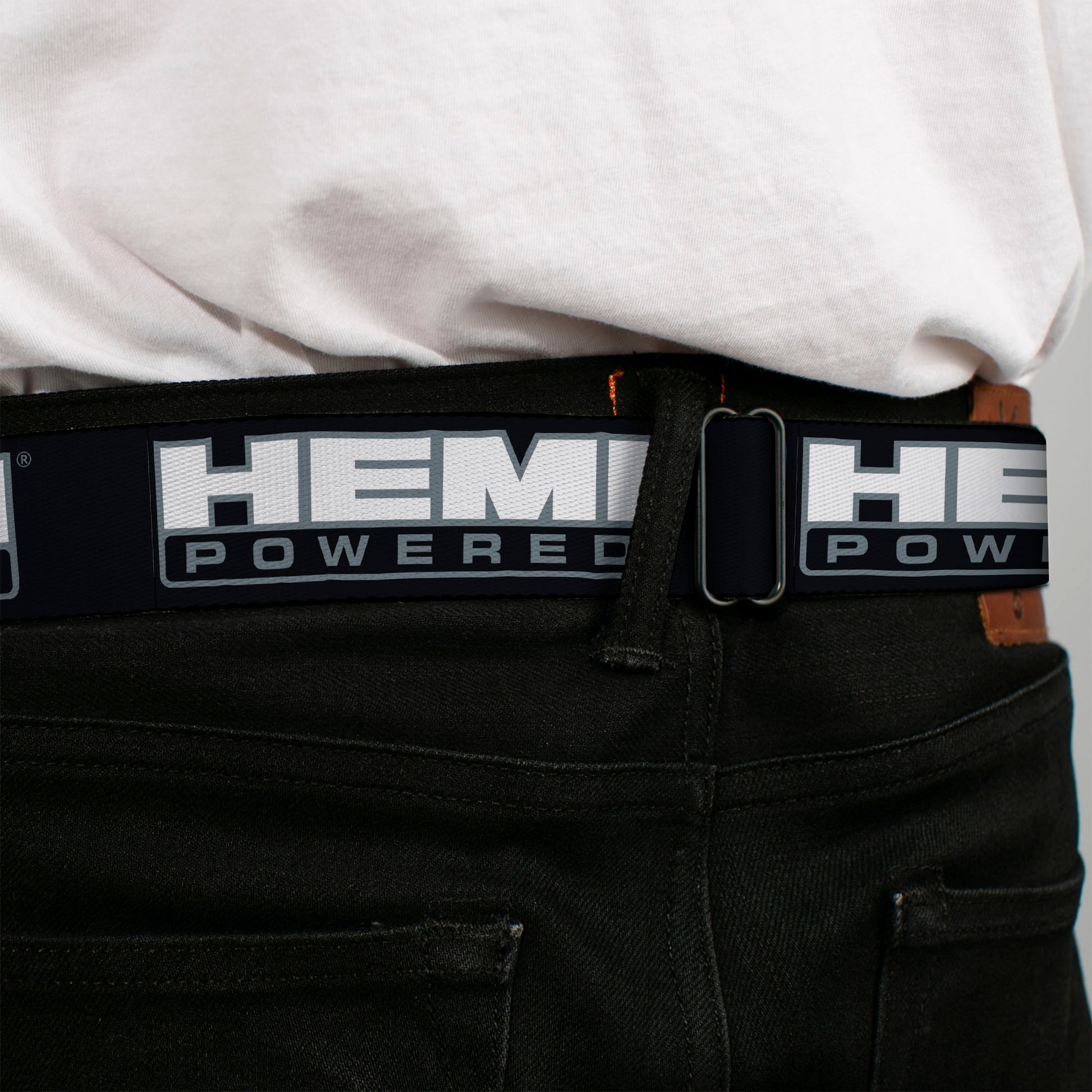 HEMI Bold Full Color Black/White Seatbelt Belt - HEMI POWERED Logo Black/Gray/White Webbing Seatbelt Belts Hemi