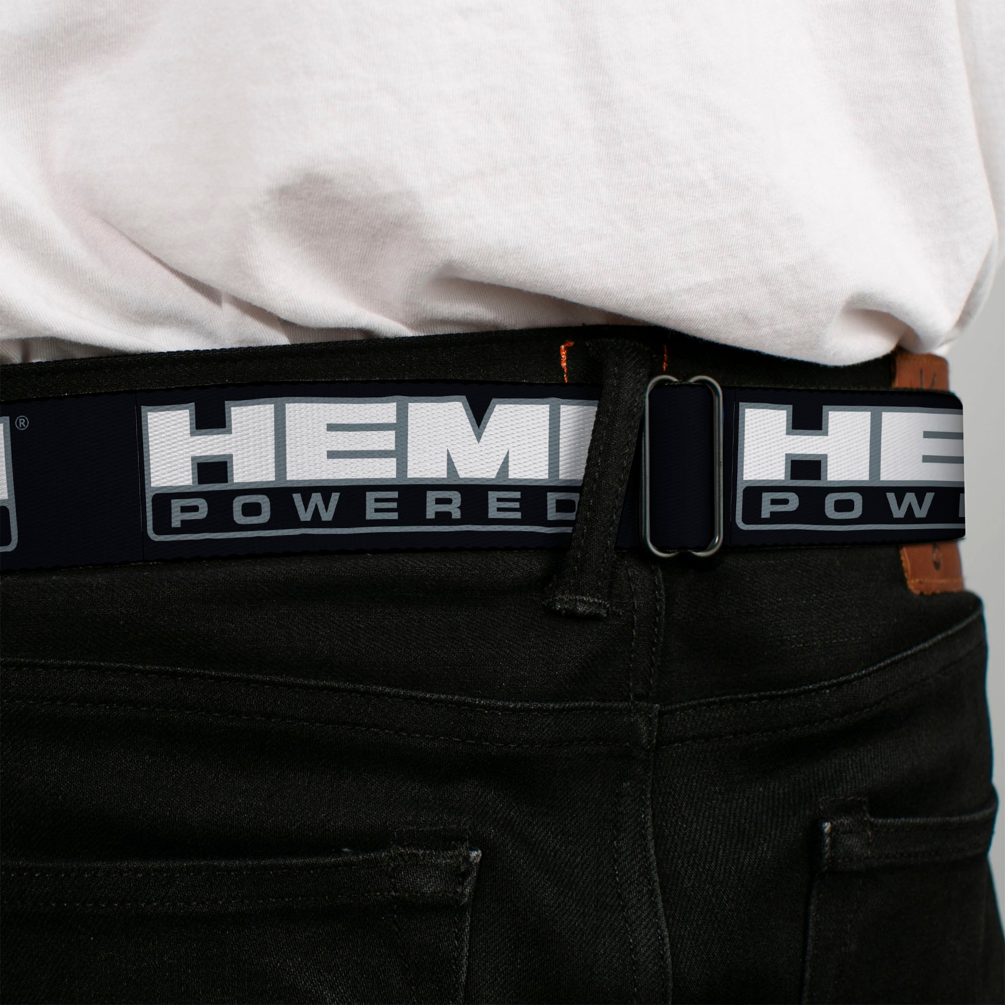 HEMI Bold Full Color Black/White Seatbelt Belt - HEMI POWERED Logo Black/Gray/White Webbing Seatbelt Belts Hemi