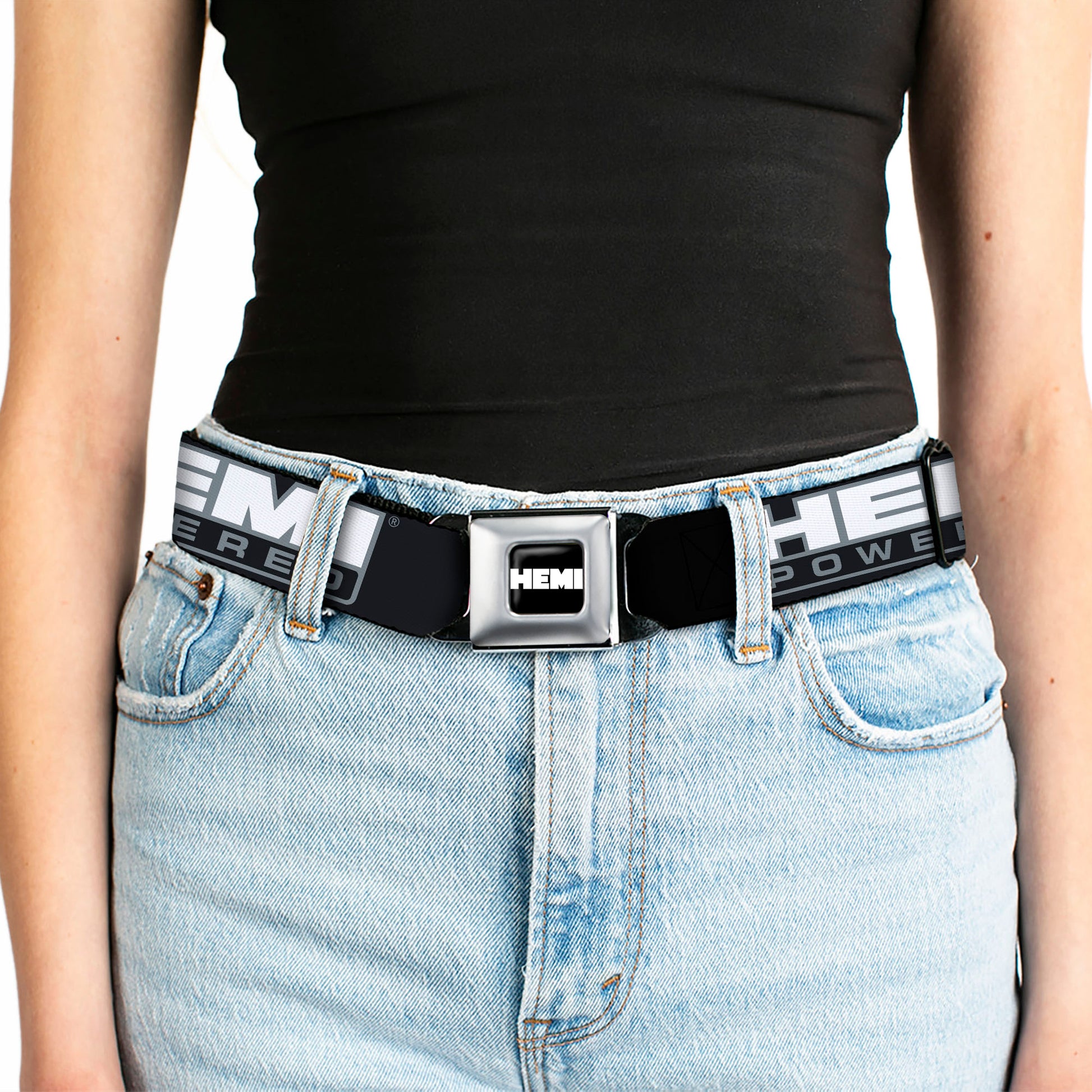 HEMI Bold Full Color Black/White Seatbelt Belt - HEMI POWERED Logo Black/Gray/White Webbing Seatbelt Belts Hemi