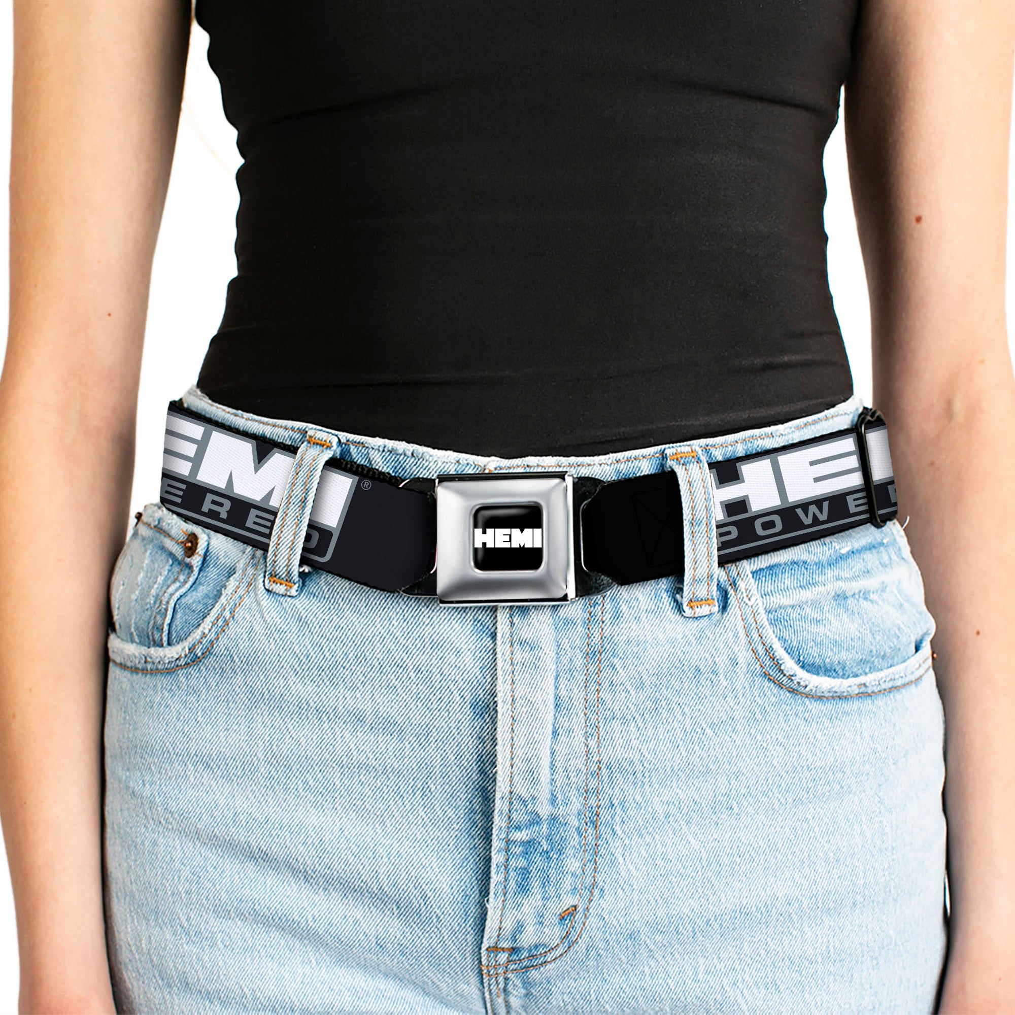 HEMI Bold Full Color Black/White Seatbelt Belt - HEMI POWERED Logo Black/Gray/White Webbing Seatbelt Belts Hemi