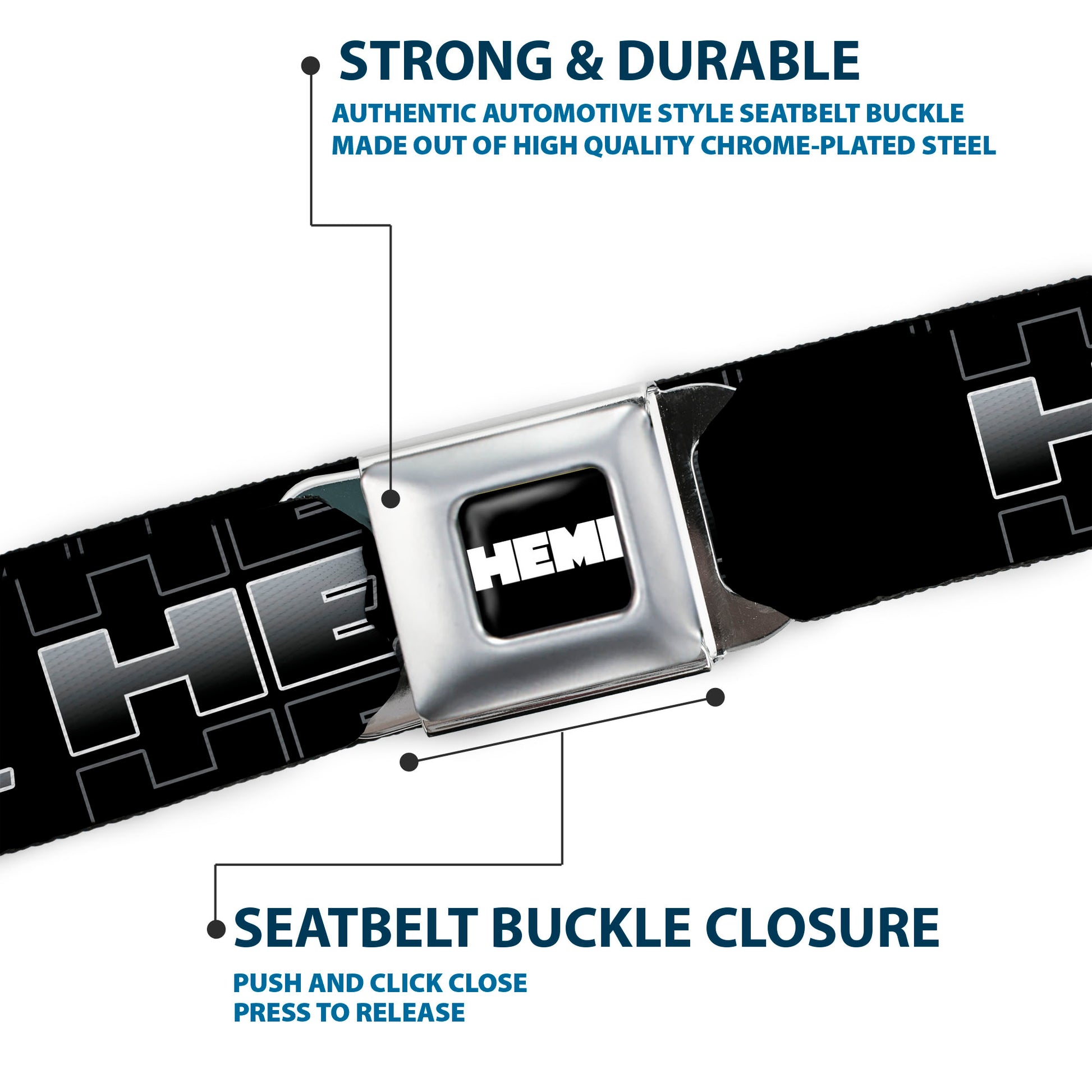 HEMI Bold Full Color Black/White Seatbelt Belt - HEMI POWERED Logo Black/Gray/White Webbing Seatbelt Belts Hemi