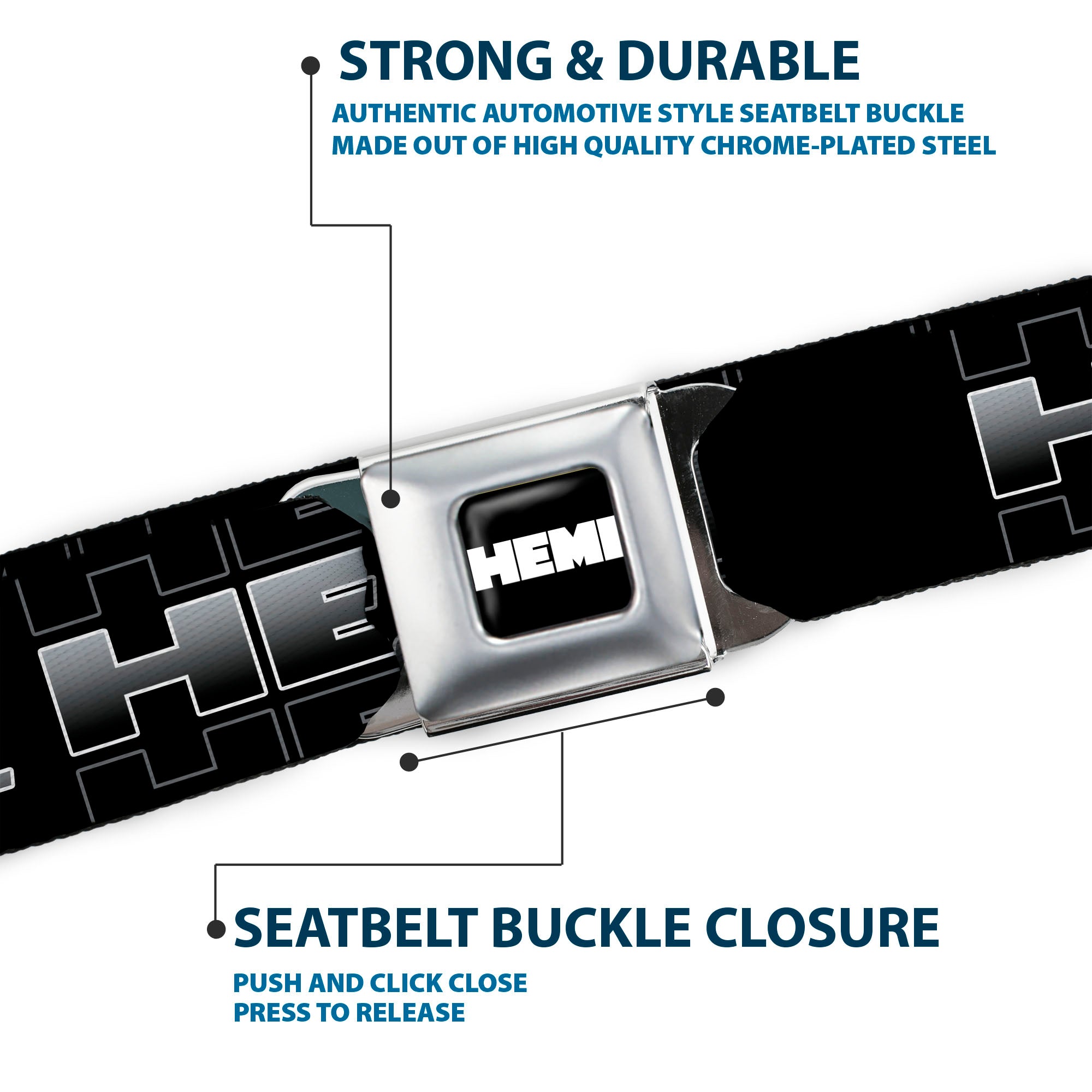 HEMI Bold Full Color Black/White Seatbelt Belt - HEMI POWERED Logo Black/Gray/White Webbing Seatbelt Belts Hemi