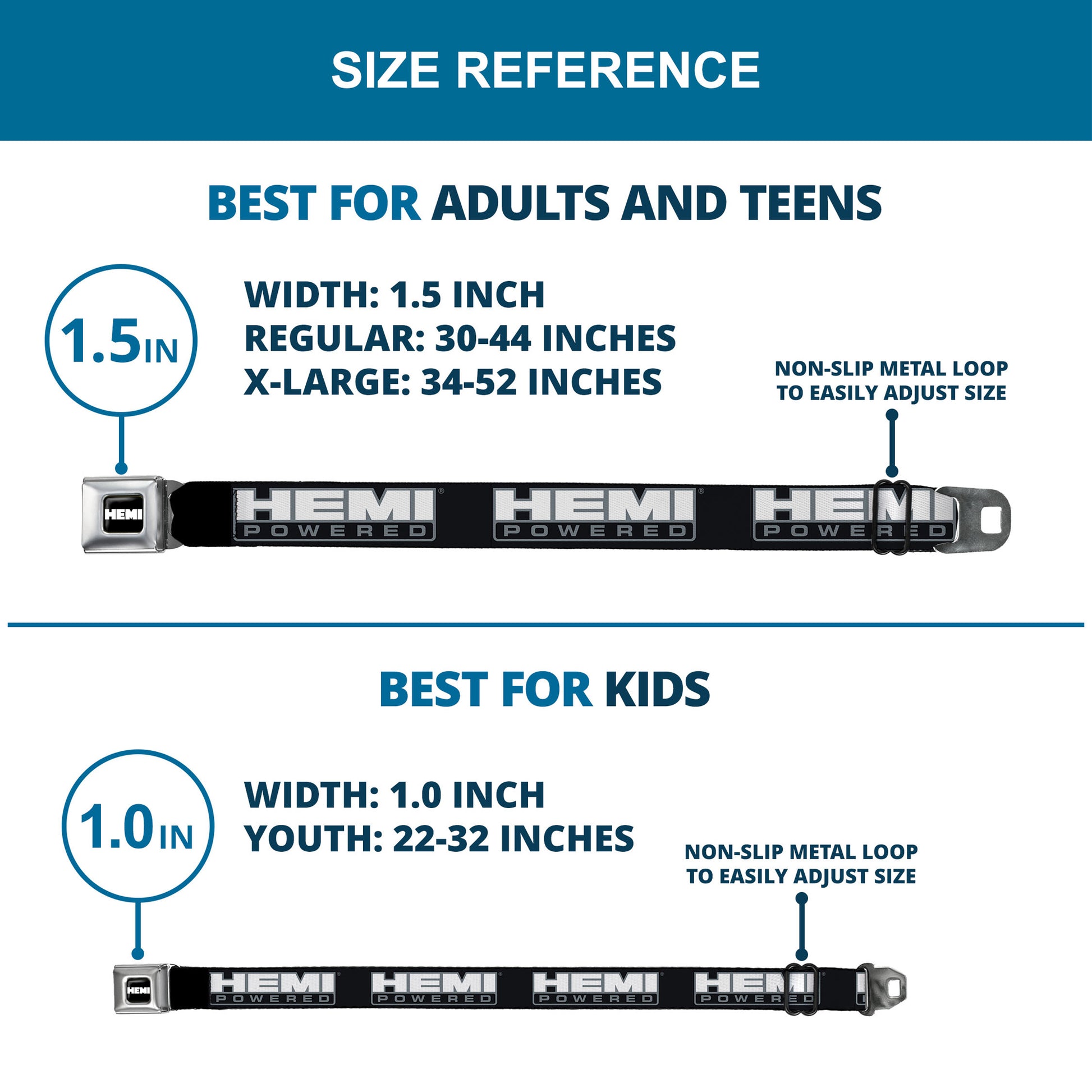 HEMI Bold Full Color Black/White Seatbelt Belt - HEMI POWERED Logo Black/Gray/White Webbing Seatbelt Belts Hemi